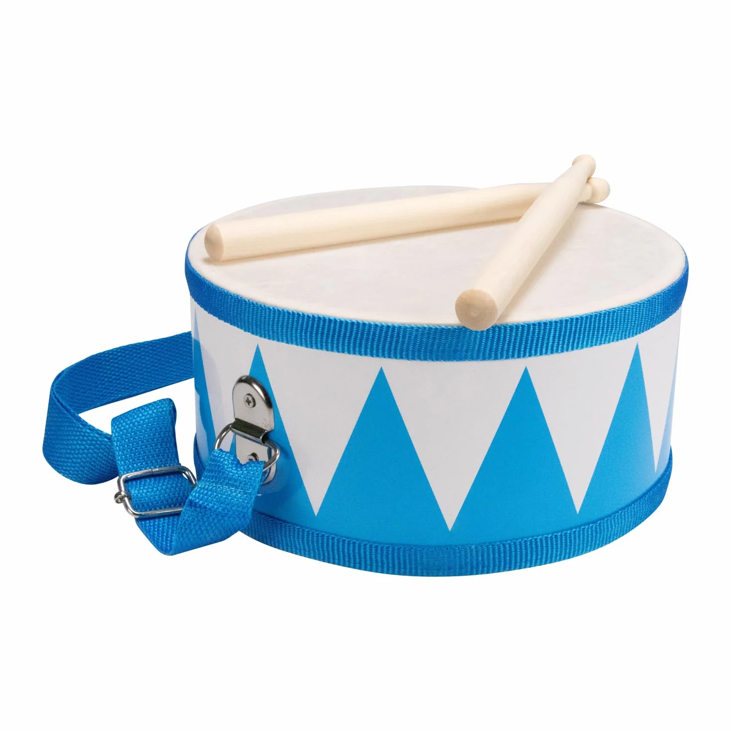 Tamburo per bambini blu bianco strumento musicale in legno con tracolla e bastoncini D: 20 cm - 3845
