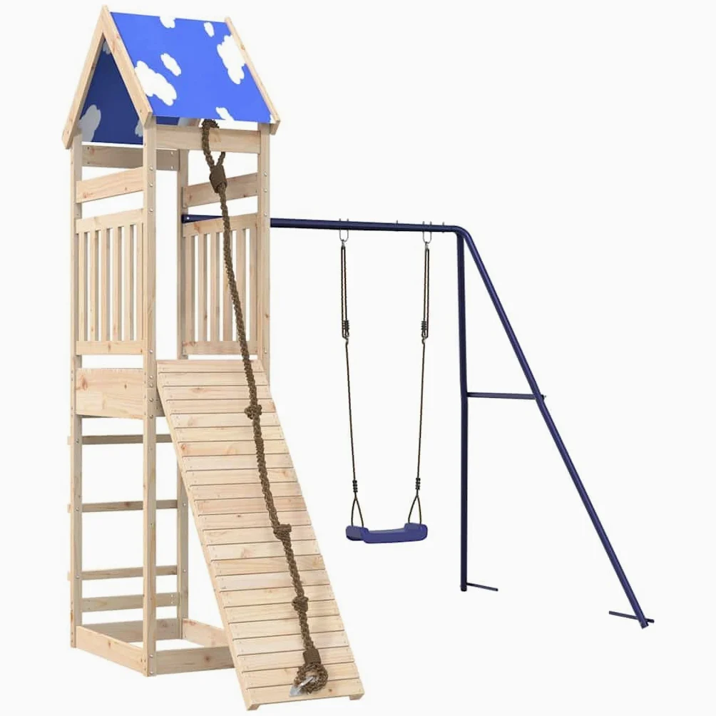 Torre da gioco in legno di pino massiccio con piattaforma da 118 cm, rampa da arrampicata, altalena e sabbiera, stabile struttura a forma di A per il giardino, con tetto a nuvola e ringhiera di