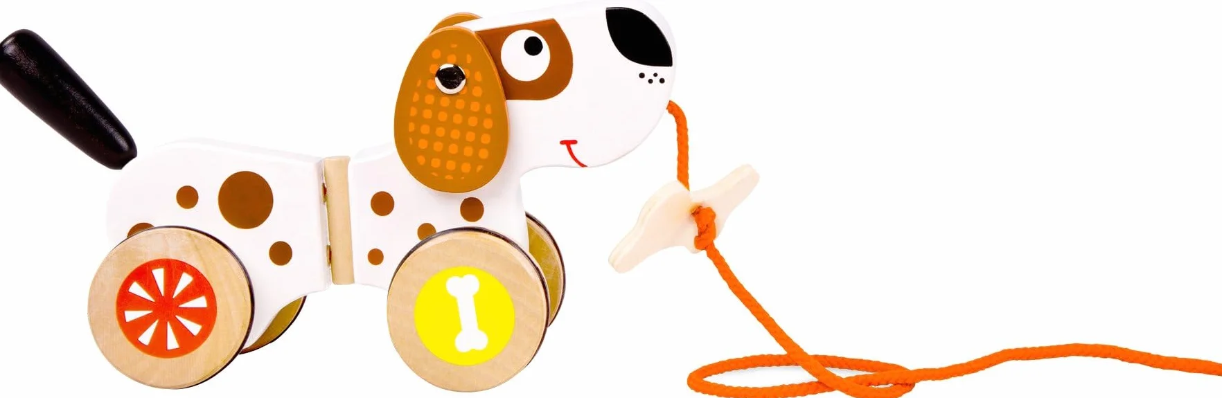 10043 Animale da tirare Cane small foot in legno, se tirato oscillano orecchi e coda, scorrimento silenzioso grazie alle ruote gommate, da 1 anno.