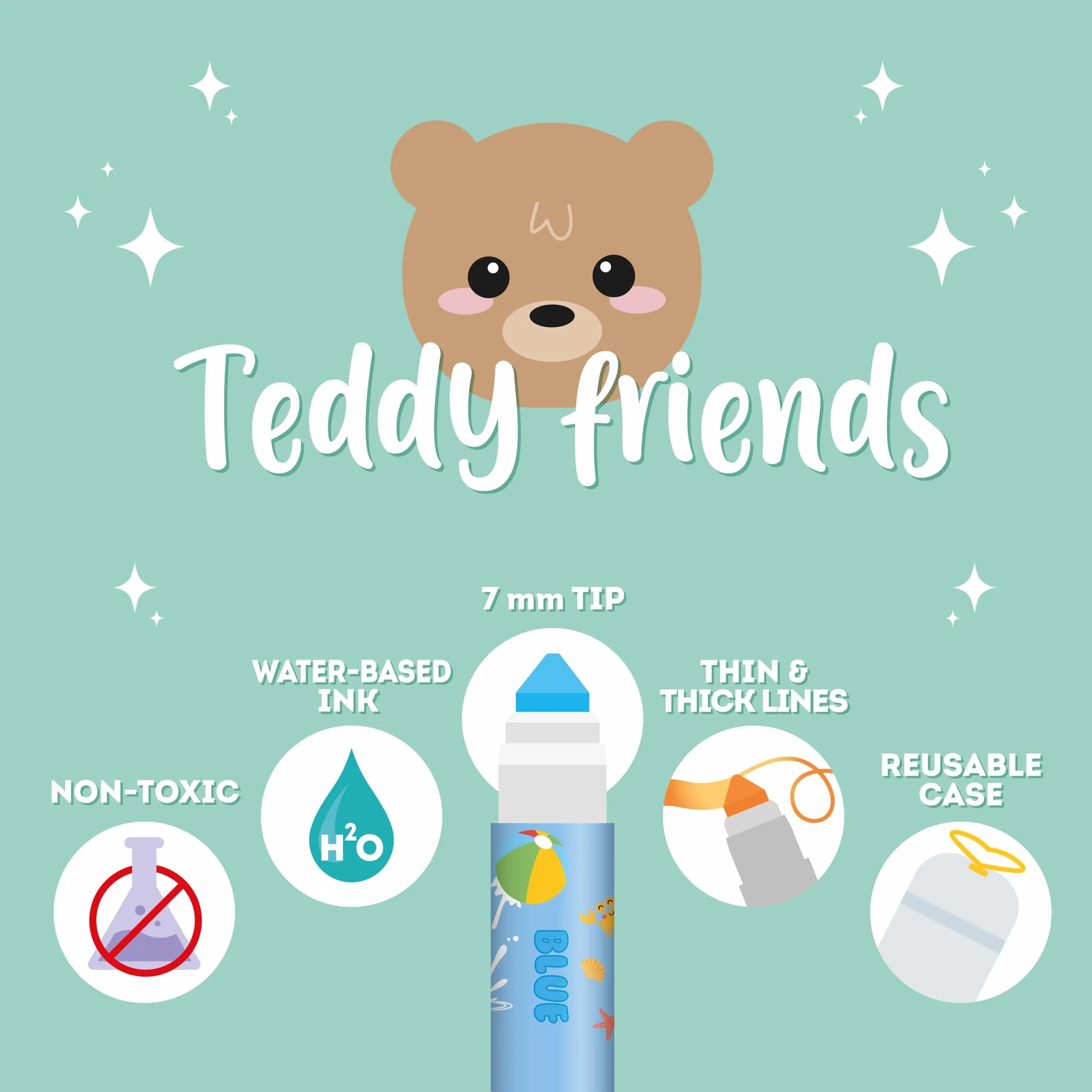 Legami Set di 12 Pennarelli Teddy Friends, 12 Colori Assortiti, Lavabili, Atossici, Punta Anti-Rientro
