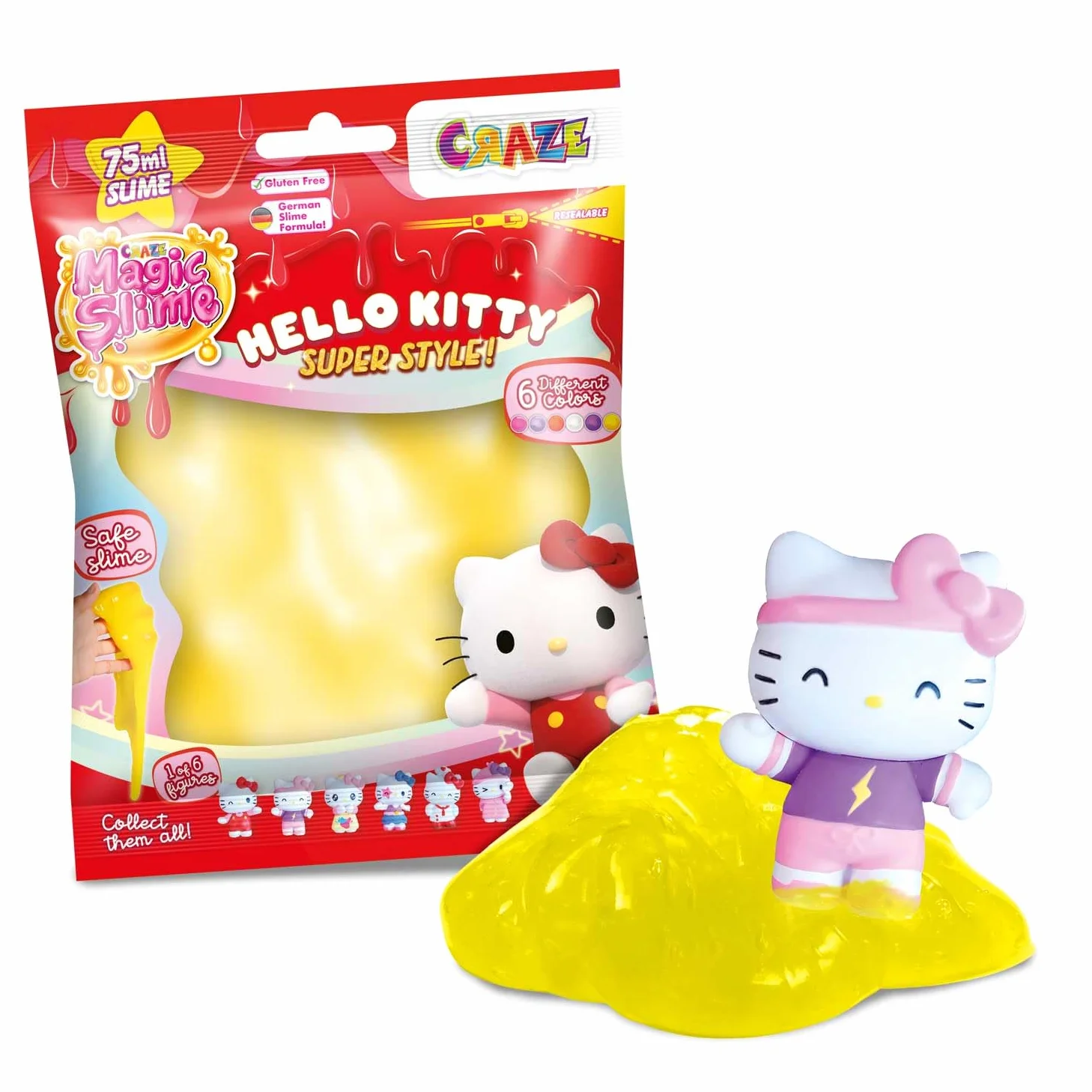 CRAZE MAGIC Slime BAG HELLO KITTY 18 pack | set slime 6 colori, 18 sacchetti con 75ml per bambini, inodore, senza rifiuti
