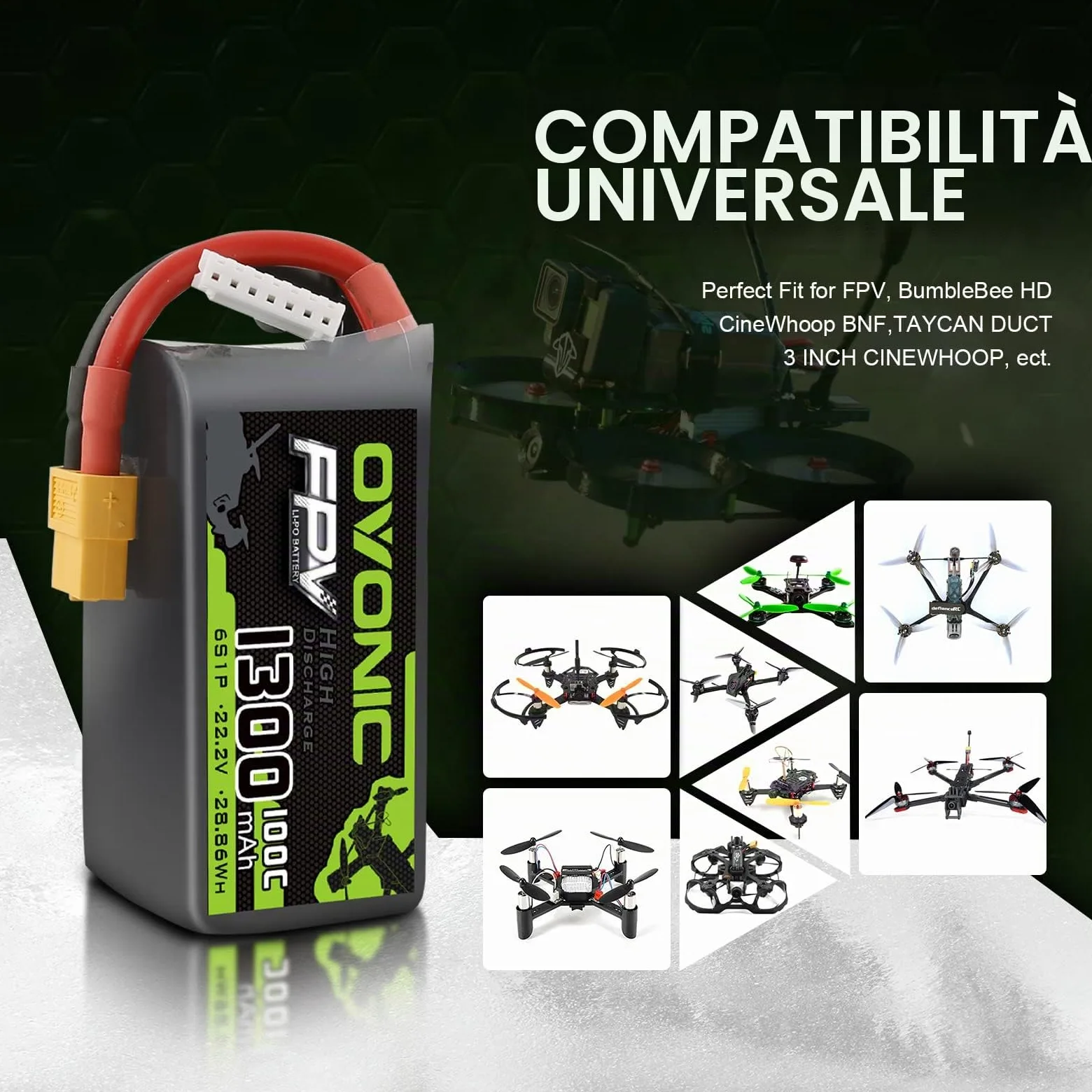 OVONIC Batteria Lipo 6s 1300mAh FPV Batteria 100C 22,2V con connettore XT60 per FPV Racing RC Quadcopter Elicottero Aereo Multi-Motore Hobby fai da te (2 confezioni)