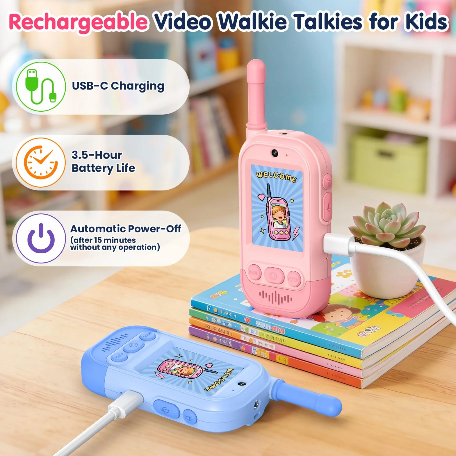Gofunly Video Walkie Talkie Bambini Set da 2 Ricaricabili Interfono Video Giochi Interni Esterni Rosa Blu