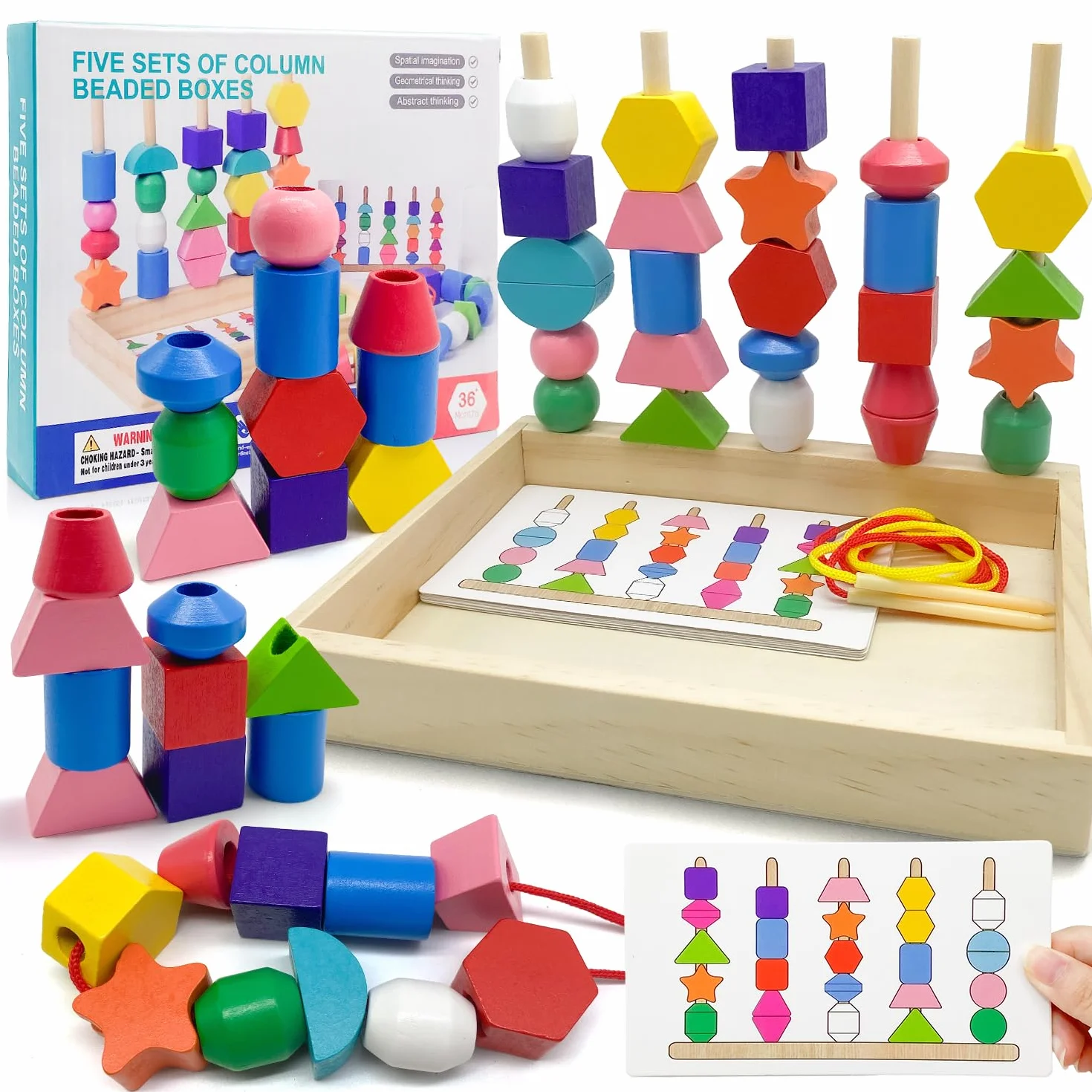 Yeefunjoy Giochi Montessori con Perline di Legno, 3 in 1 Giochi Educativi Legno Ordinamento e Impilamento Giochi, Gioco di infilatura Giocattolo Educativo per Bambini 2 3 4 5 Anno Regalo di Compleanno