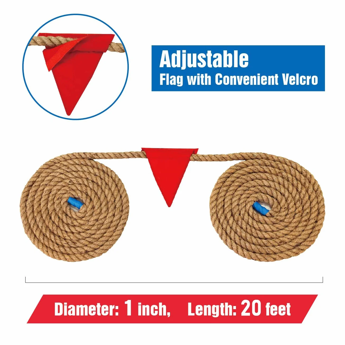 Corda da tiro alla fune con bandiera, per bambini e adulti, morbida corda in fibra di iuta naturale, per feste in campo, team building, feste, campeggio, cortile, giochi all'aperto, lunghezza 6 m,