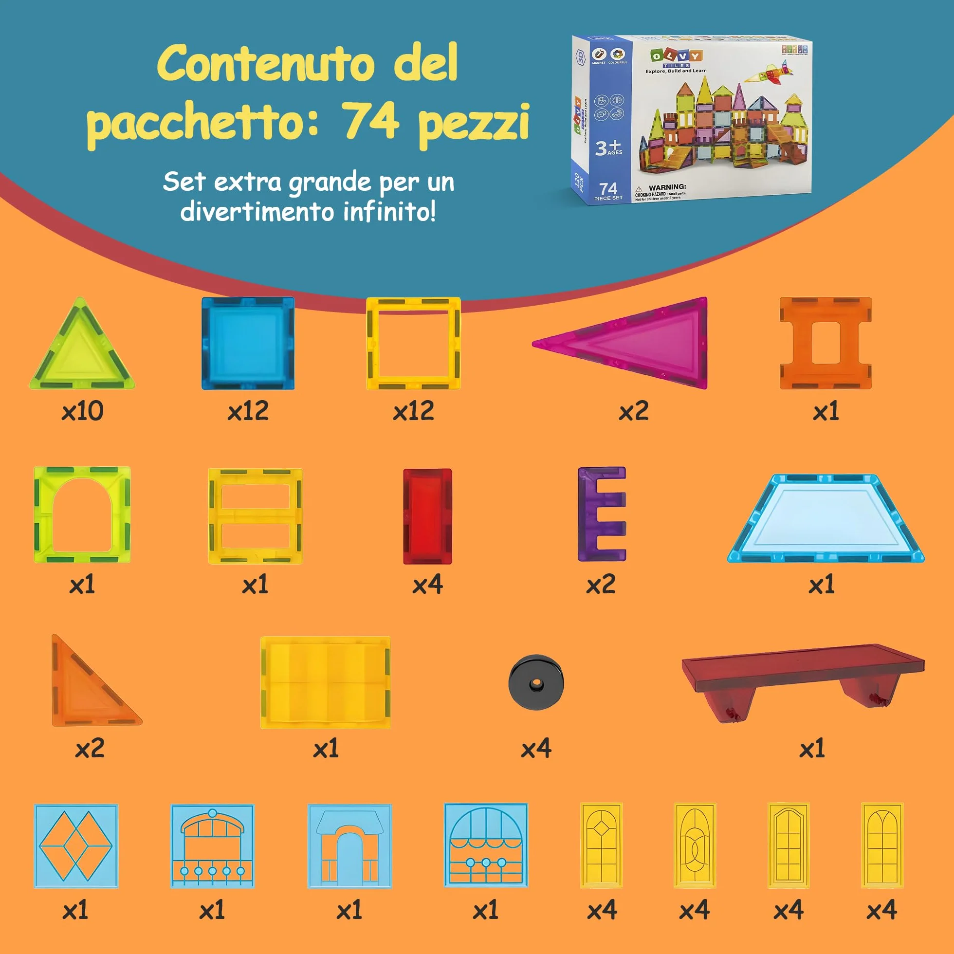 Olvy Set 74 Blocchi Magnetici per Bambini, Piastrelle Magnetiche Montessori, Gioco di Costruzioni 3+ Anni