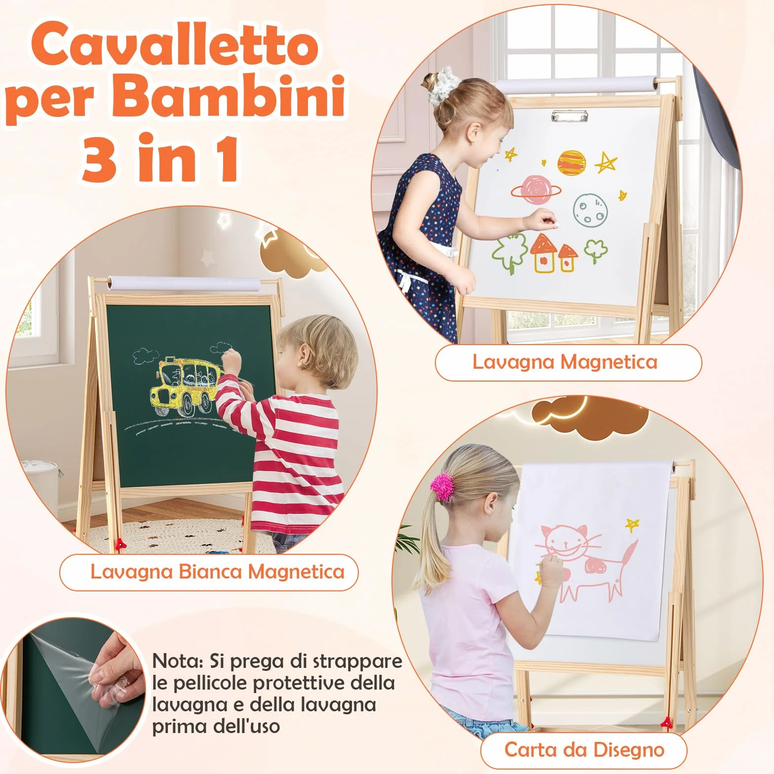 COSTWAY 3 in 1 Cavalletto per Bambini, Cavalletto Doppia Faccia Regolabile con Lavagna Magnetica e Bianca, Rotolo di Carta, 4 Bicchieri per Vernice e Vassoio per Stoccaggio, per Bambini 3-10 Anni