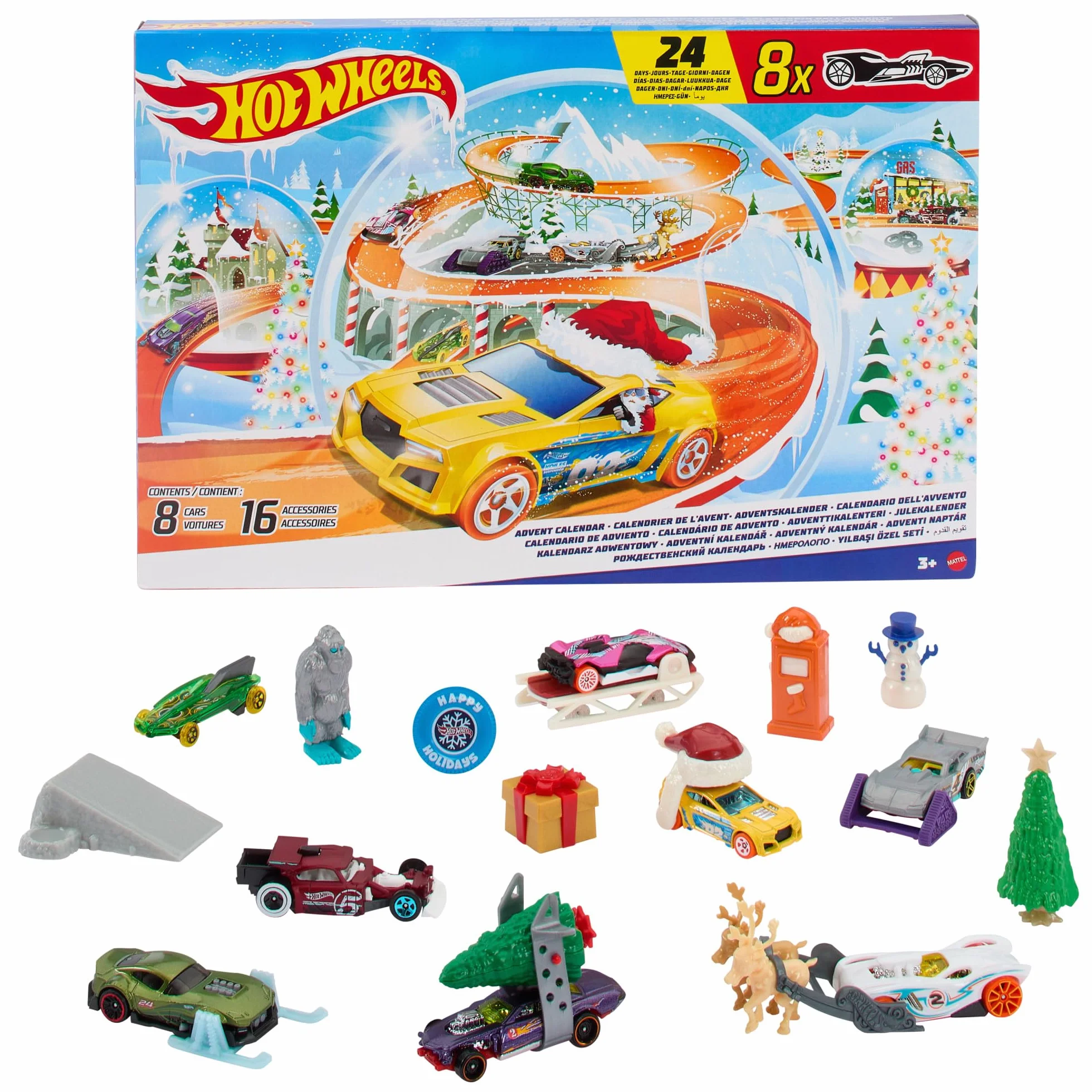 Hot Wheels - Calendario dell'Avvento 2024, 24 finestrelle numerate con sorprese e tappetino di gioco, 8 macchinine e 16 accessori a tema invernale, giocattolo per bambini, 3+ anni, HTG00