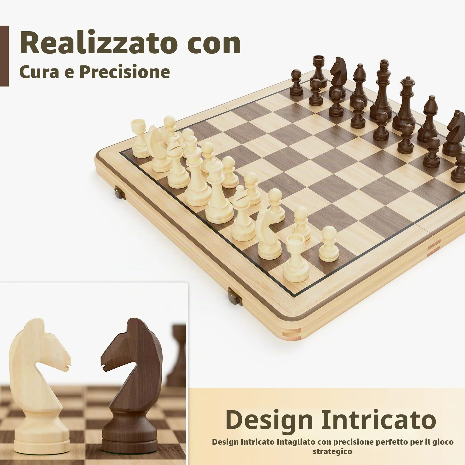 Set Scacchi e Dama 2 in 1 da 38cm - Scacchiera in Legno Pieghevole con Pezzi Staunton da 7,6cm e 2 Regine Extra - Gioco da Tavolo di Alta Qualità