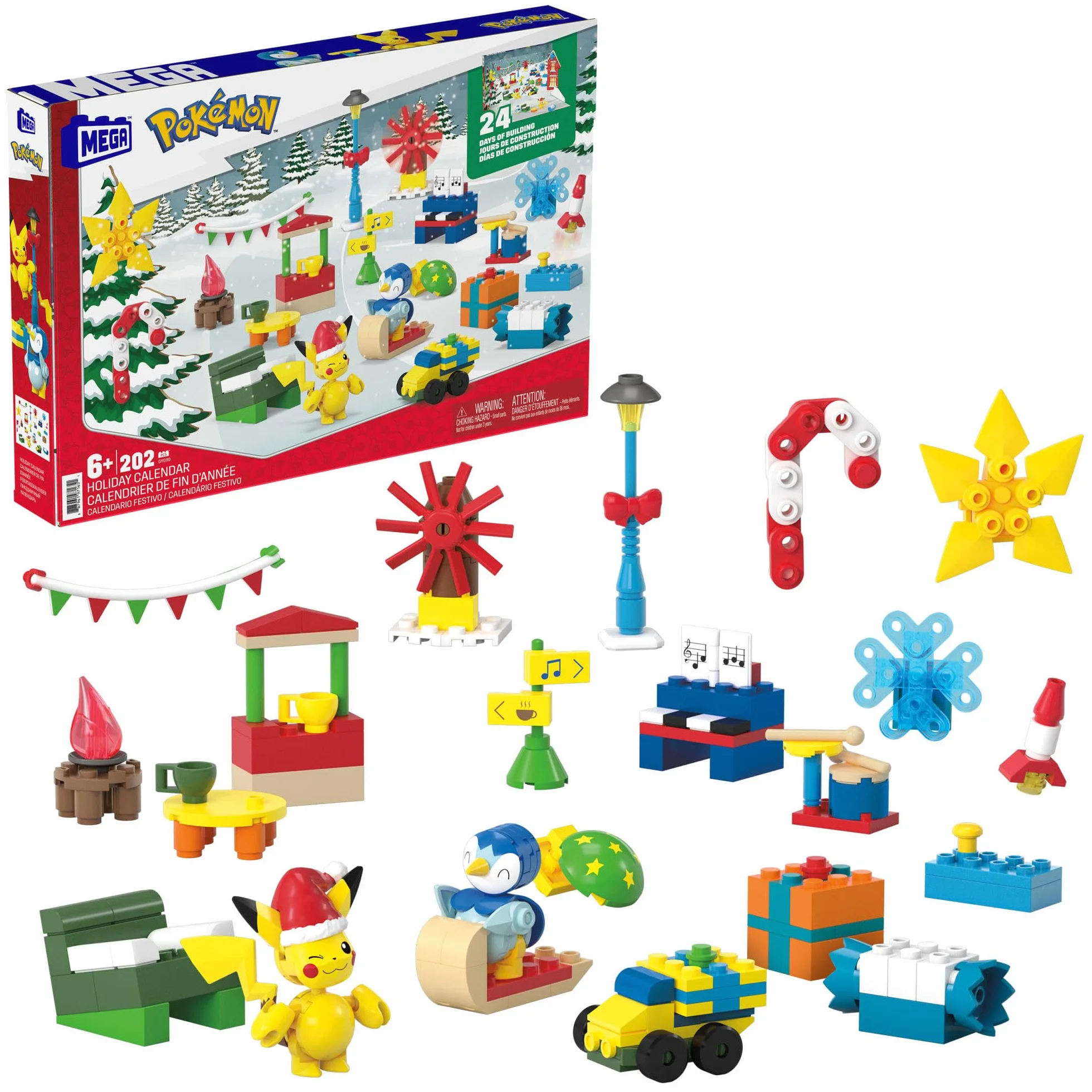MEGA GYG99 - Set di giocattoli per costruire Pokémon, calendario delle festività con 202 pezzi, 2 personaggi snodabili e accessori, per bambini