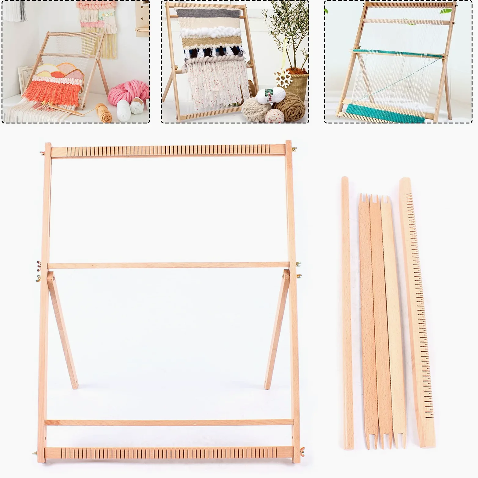 Kit per tessitura in legno, telaio per tessitura multi-mestiere in legno, regolabile a mano, telaio per arazzo con pettine e bobina per principianti e bambini (70 x 50 cm)