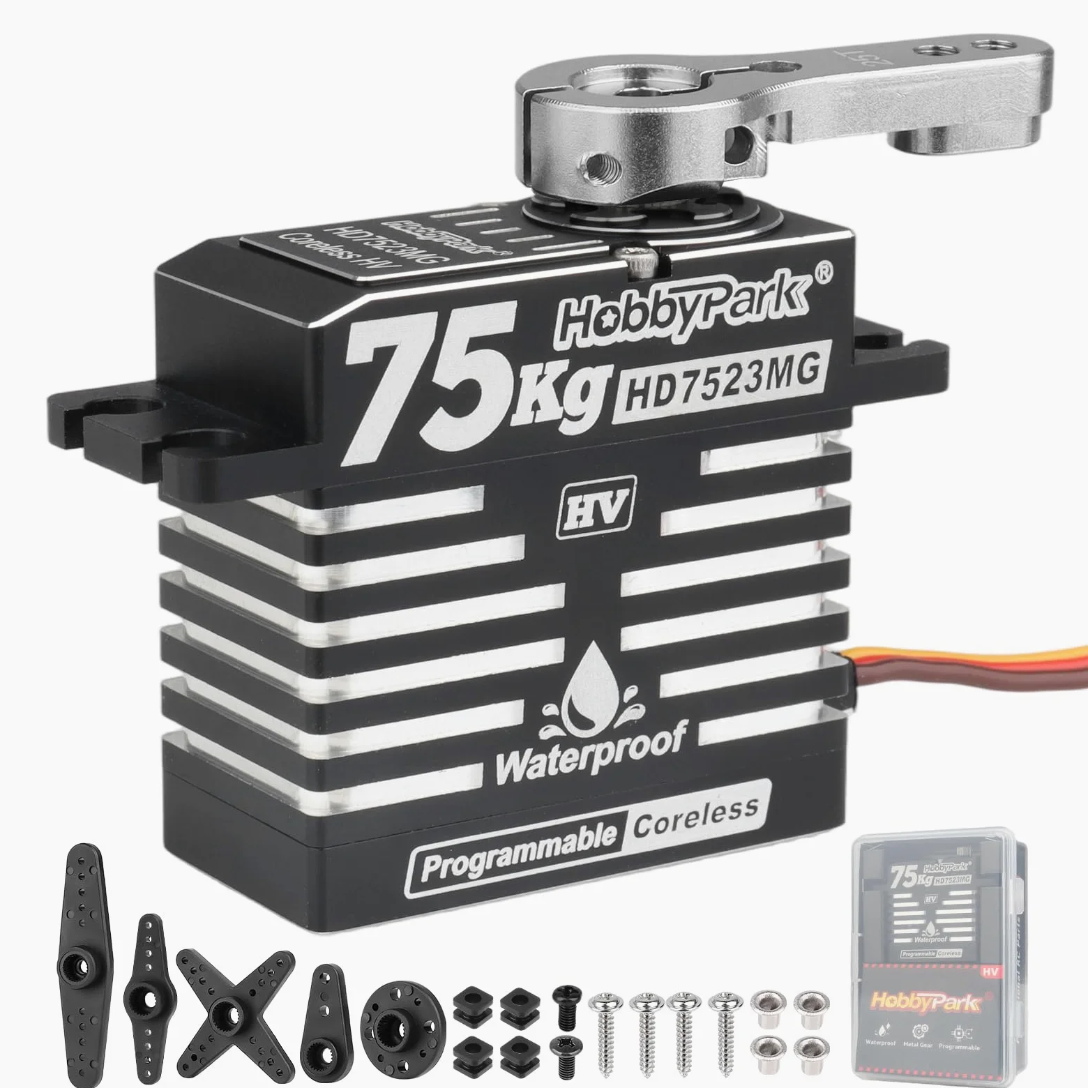 HobbyPark Impermeabile 75kg Alta Coppia RC Sterzo Servos Coreless Motore Digitale Servo Standard Size HV Ingranaggi in Metallo per 1/8 1/10 RC Crawler Auto Camion Buggy Basher Bashing 180 ° Custodia