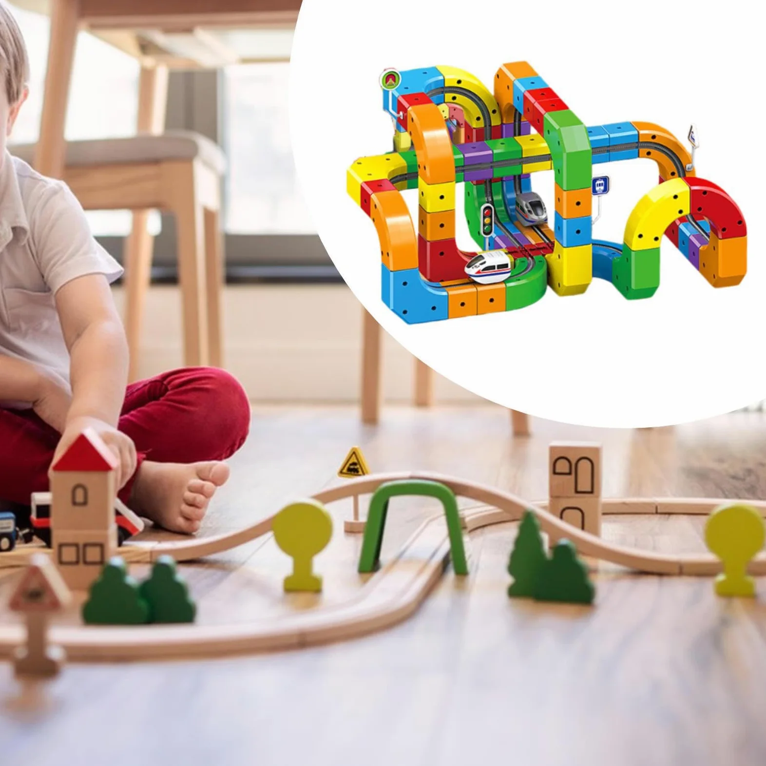 harayaa Set di Trenino Elettrico Fai-da-Te con Blocchi di cubi e binari, Regalo di Compleanno, Pista Creativa 3D a Bambini dai 3 agli 8 Anni, Pista, 123 Pezzi