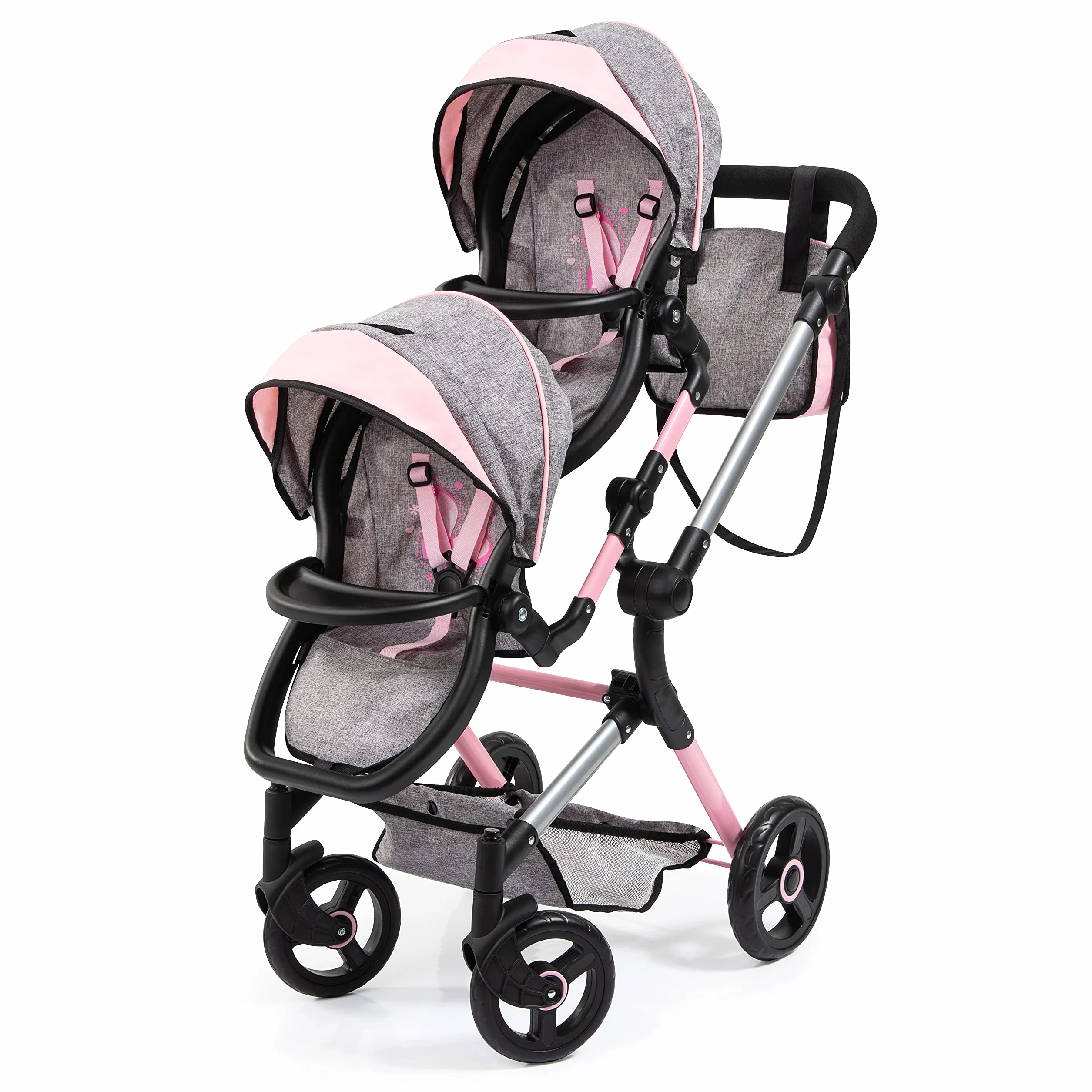 Bayer Design 26233AA carrozzina gemellare per bambole Twin Neo con borsa, passeggino doppia, regolabile in altezza, pieghevole, sedili inseribili singolarmente, ruote anteriori piroettanti