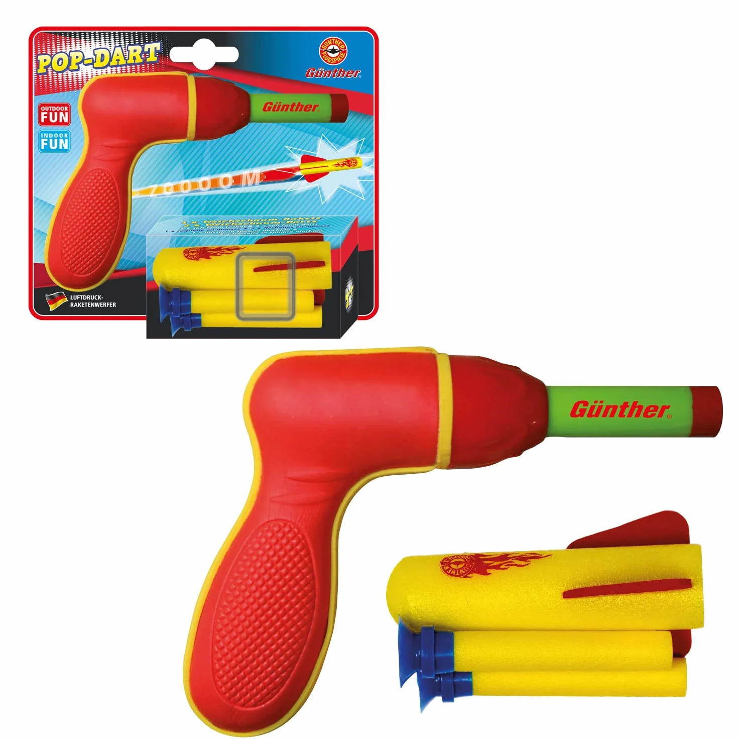 GÜNTHER FLUGSPIELE 1542 - Gioco di razzi Pop Darts, lanciarazzi ad aria compressa per bambini a partire da 4 anni, incl. 1 razzo in schiuma morbida e 2 dardi in schiuma morbida