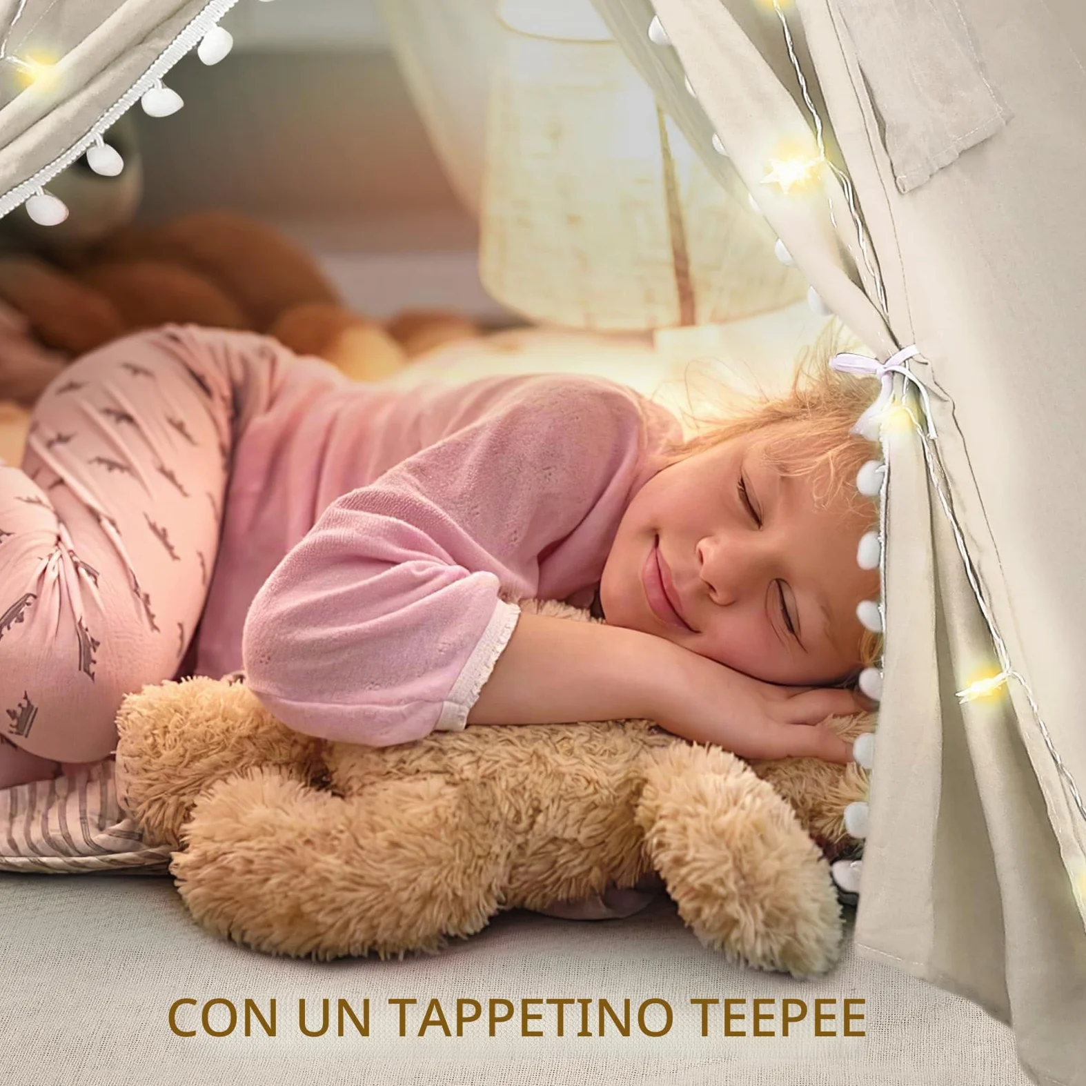 Tenda per Bambini, 120x140 cm Tenda Indiana Bambini per Cameretta, Castello Giochi per Bambini in Tela,Tenda Indiano con Lucine e Borsa Portaoggetti per Uso Interno o Esterno