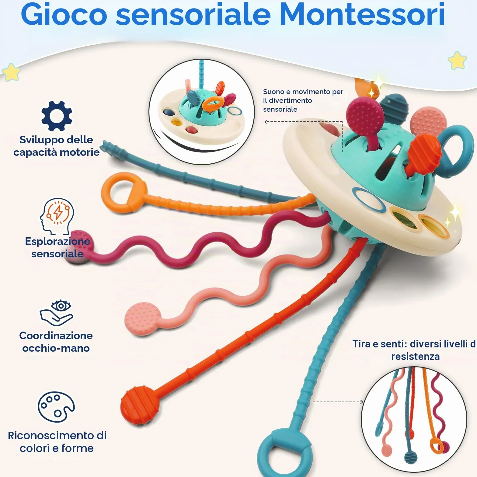 Giochi per Bambini 1 Anno, Giocattoli Sensoriali Montessori per Bambini dai 12 ai 18 Mesi+ Gioco da Tirare UFO Giocattoli Didattici per Lo Sviluppo delle capacità Motorie Fini