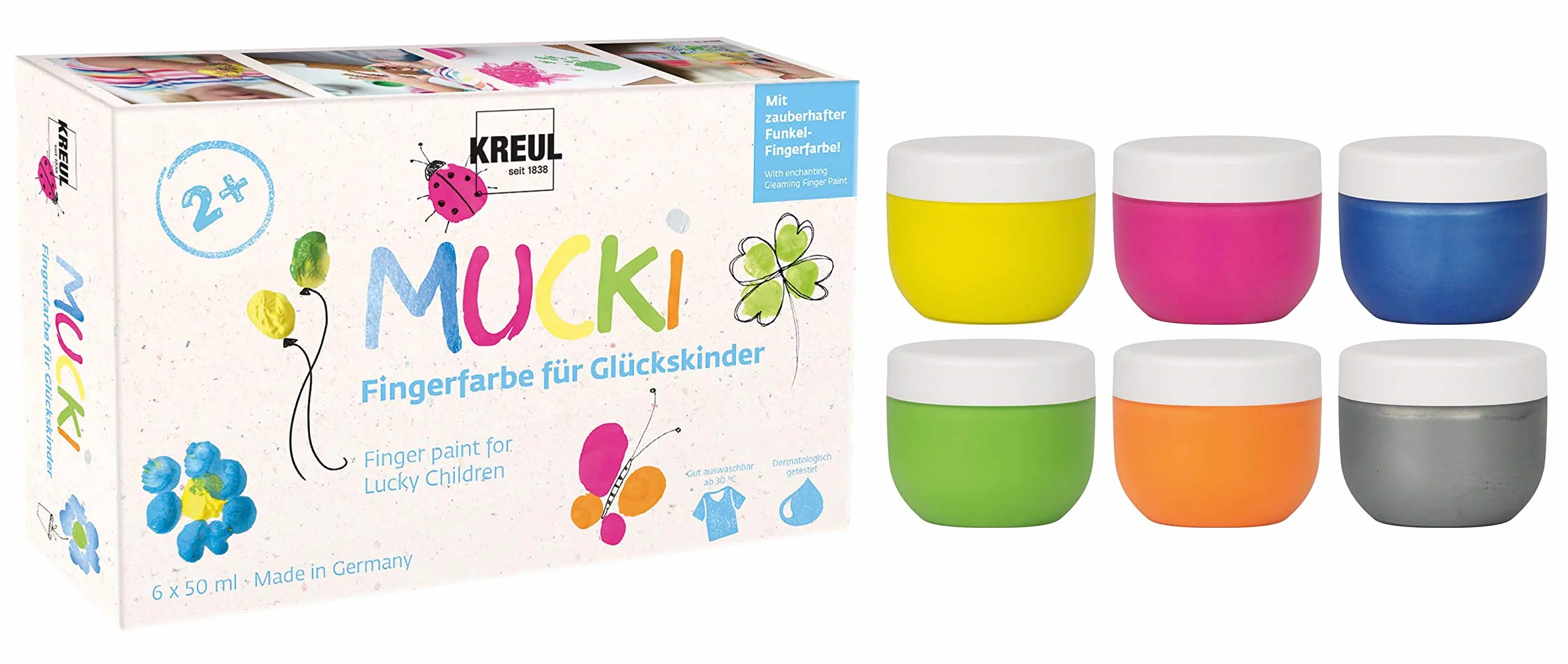 KREUL 23050 - Vernice a dita Mucki per bambini fortunati, 6 x 50 ml in giallo, rosa, blu diamante, verde, arancio, argento drago, senza parabeni, senza glutine, senza lattosio, vegan, lavabile