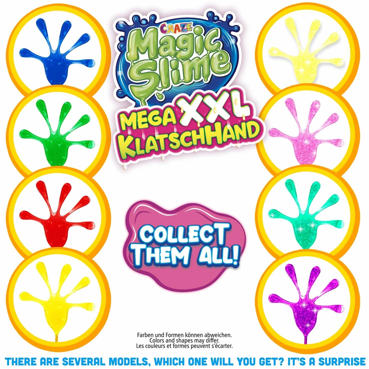 CRAZE MAGIC SLIME, Sticky Hand 12-pack - Sticky Hand per bambini XXL, 12x mani appiccicose per bambini con groff e glitter, super appiccicose ed elastiche