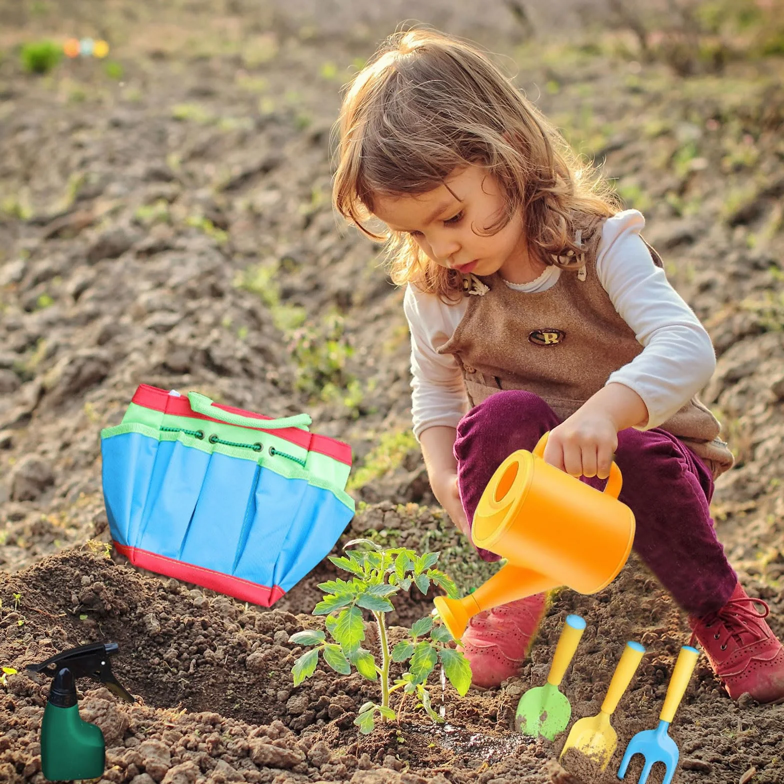 Set di attrezzi da giardinaggio per bambini, 23 attrezzi da giardinaggio, guanti da giardino per bambini, giocattoli per bambini con annaffiatoio pala rastrello, vanga, grembiule, giocattolo da
