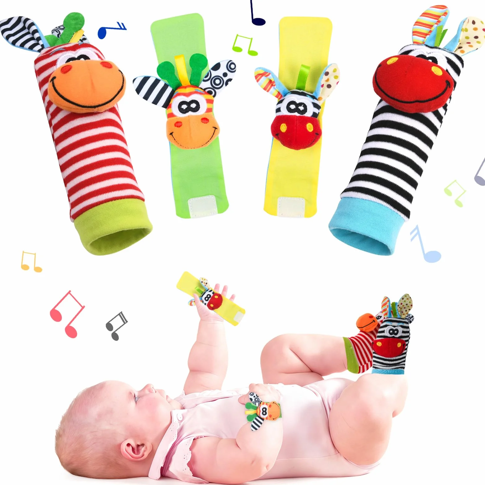 Vicloon Baby Rattle 4 Pack Neonato Sonagli Calzini da Polso Sonagli Sensoriali Giocattoli Soffici 0-6 Mesi
