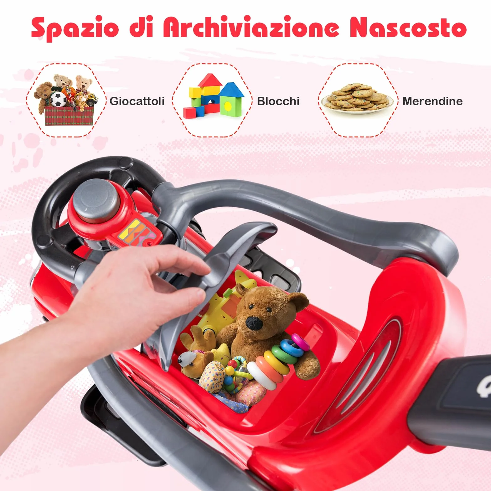 COSTWAY Macchina Cavalcabile a Spinta 3 in 1 per Bambini, con Guardrail Staccabili e Clacson, Design Anti-ribaltamento, Rosso