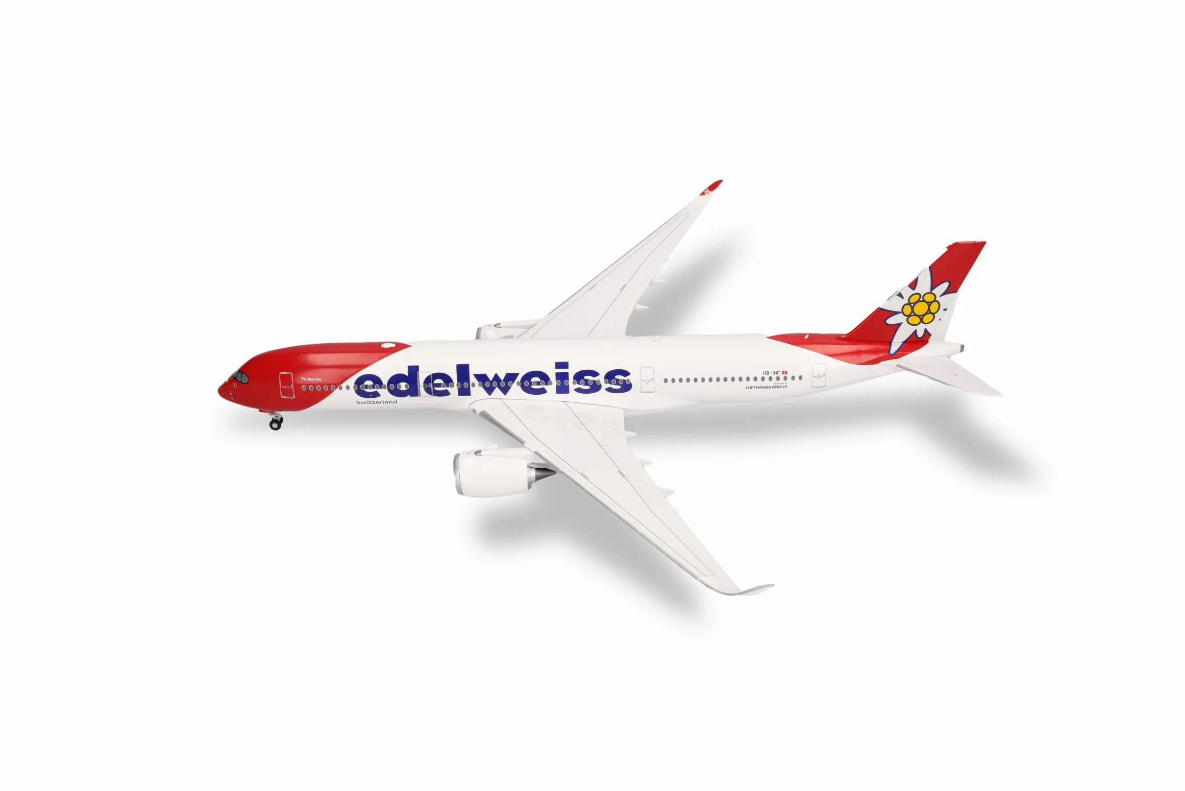 Herpa Modellino aereo Edelweiss Air Airbus A350-900 – HB-IHF "Piz Bernina", miniatura in scala 1:200, da collezione, senza supporto, in plastica