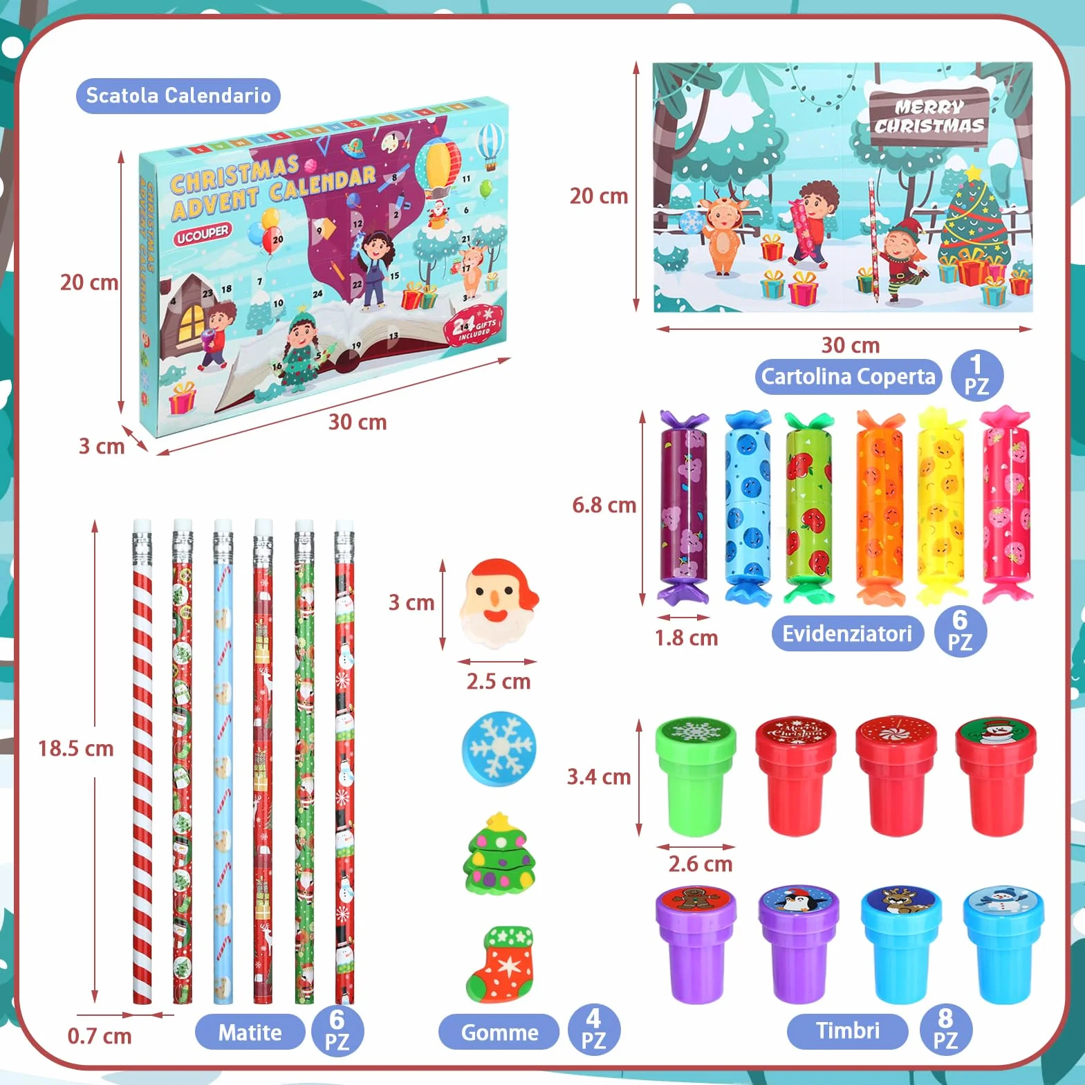 Calendario Avvento 2025 di Cancelleria Scuola Set Cancelleria 24 Articoli Calendario Avvento Bambini Bambina con Matite Timbri Evidenziatori e Gomma Regali di Natale Bambini