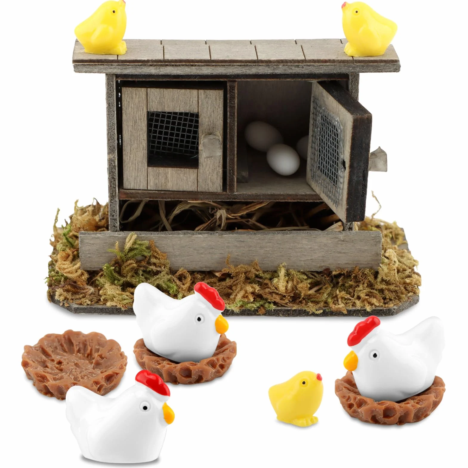 Set di pollai in miniatura, 13 pezzi, in legno, con galline, pulcini, uova e nidi, decorazione per giardini fatati, mini paesaggi fai da te e decorazioni per la casa