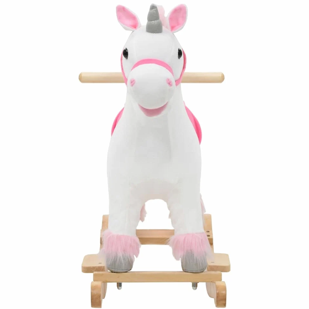 Unicorno a dondolo per bambini dai 2 anni in su, cavallo a dondolo in peluche con base in legno e telaio in metallo, morbido giocattolo a dondolo, bianco e rosa