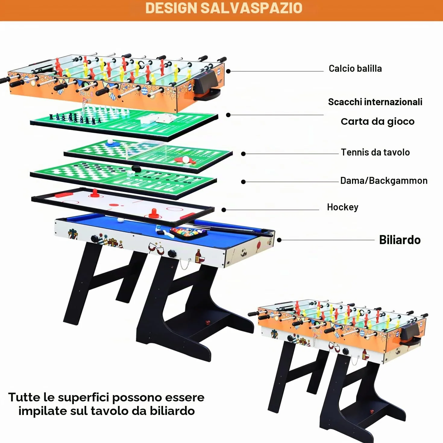 OYE 4FT 8 in 1 Gioco da tavolo pieghevole multifunzionale - Calcio balilla (calcetto)/Ping pong/Air hockey/Tavolo da biliardo, MDF