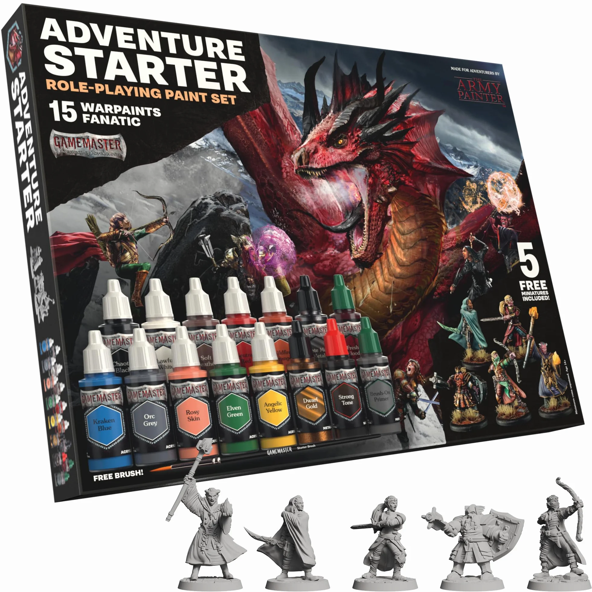 The Army Painter, GameMaster: Adventure Starter Role-playing Paint Set, 15 x 18 ml Warpaints Fanatic, incl. primer, 5 miniatures & 1 pennello – per D&D e Warhammer