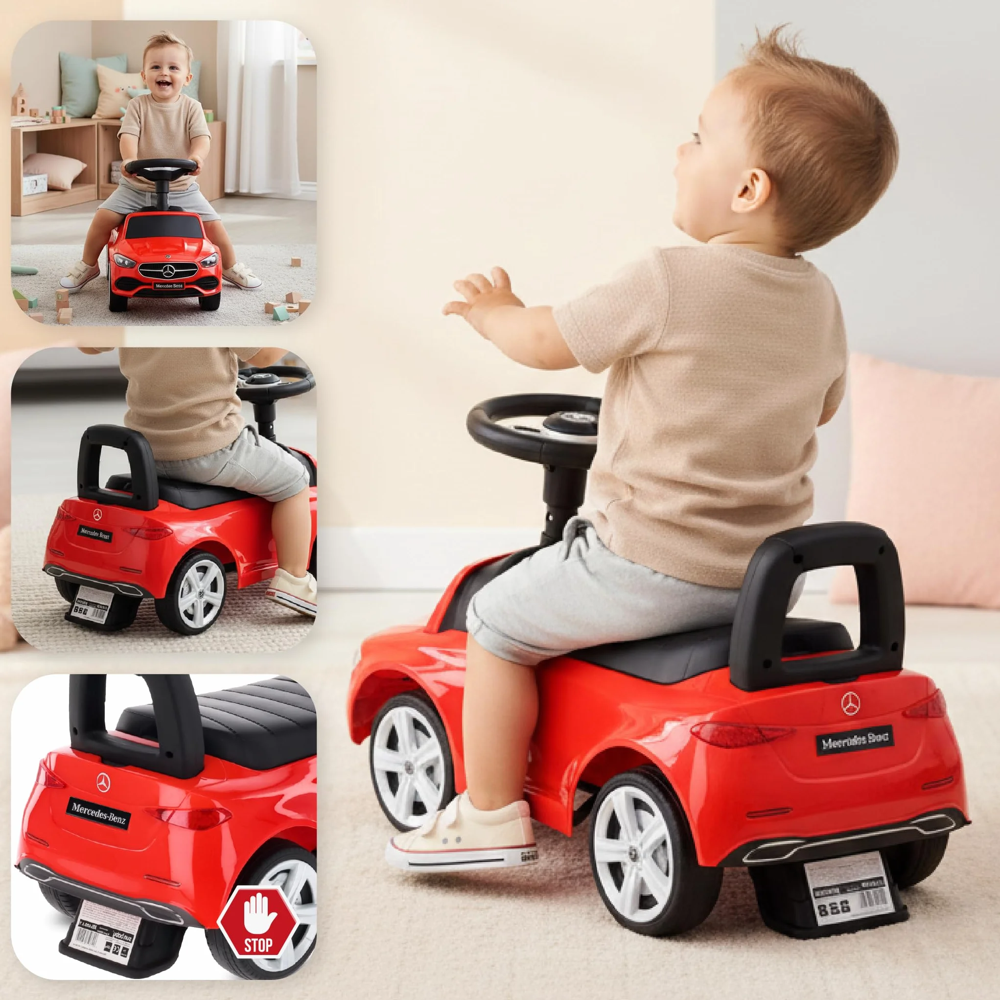 Sun Baby Macchinina Cavalcabile per Bambini 12 Mesi, Macchina a Spinta, Volante Audio, Sedile Schienale, Antiribaltamento Rosso