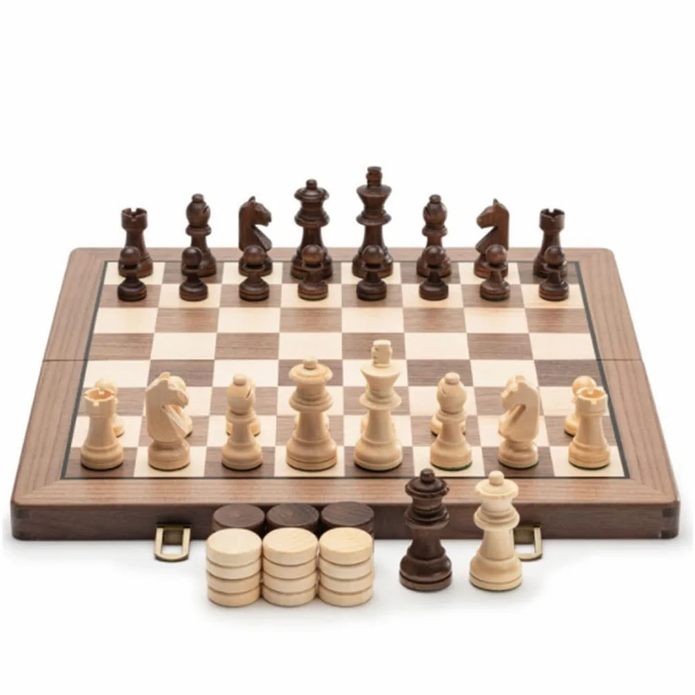 Set di Scacchi, Scacchiera, Scacchiera da 15 Pollici, Scacchi Artigianali in Noce, Set di Scacchi in Legno con 2 Regine Extra, Gioco da Tavolo 2 in 1 con Scacchiera in Fe