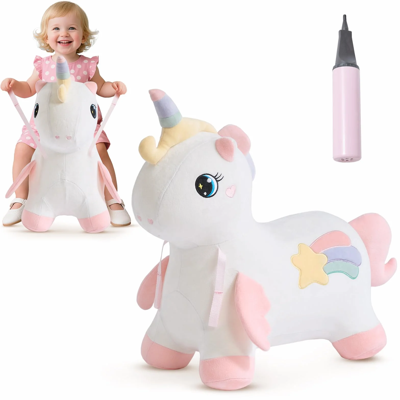 FUNLIO Cavallo a Dondolo Unicorno, Gonfiabile per Bambini 1,5-5 Anni, Rivestimento Rimovibile e Lavabile, Giocattolo Cavallo Unico, Certificato CPC & CE