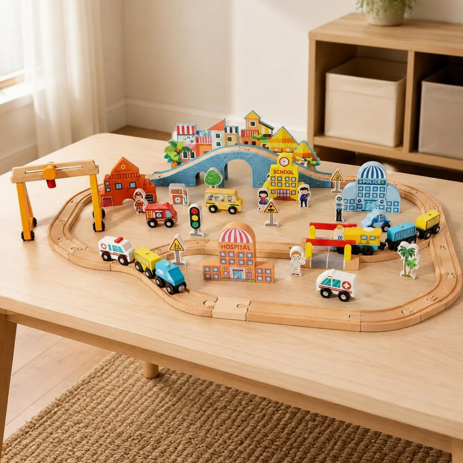 predolo Set Trenino Elettrico in Legno Scene Multiple Set Ferroviario Legno Sicuro Trenino con Binari per Casa