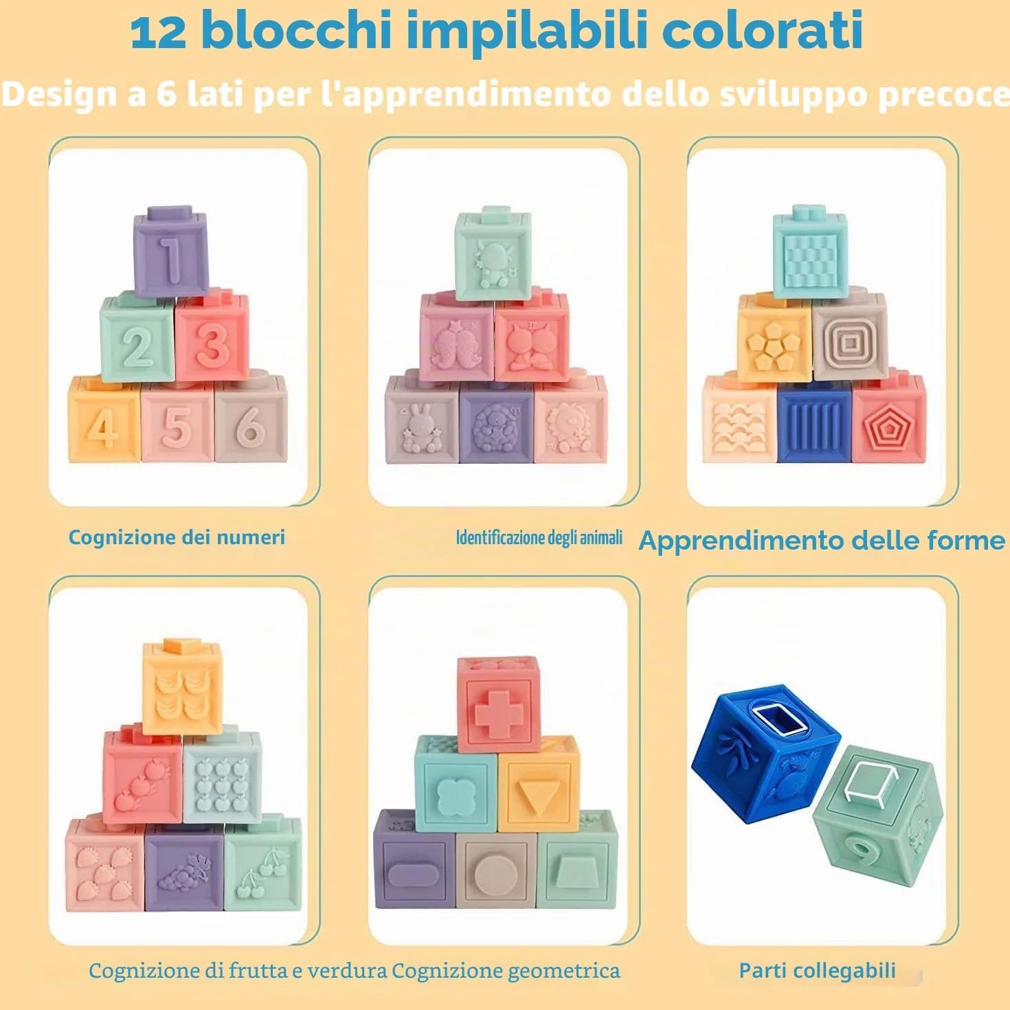 Giochi Neonato 6 Mesi, Giochi Montessori 1 Anno Sensoriale, Teether Giocattoli sensoriali Montessori educativi morbidi da impilare, Regali per Bambini da 6 9 12 Mesi