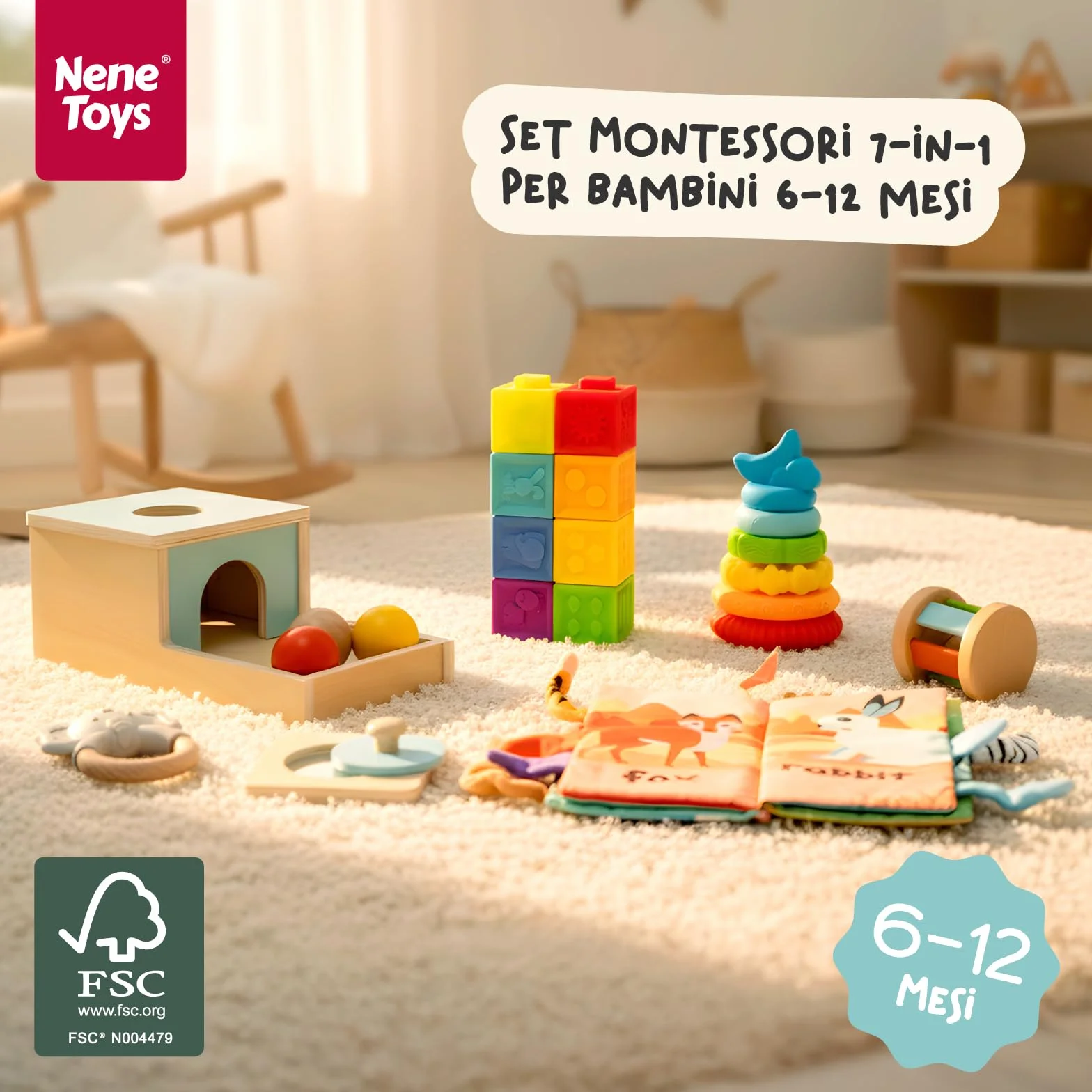 Nene Toys Giocattoli Montessori per Bebè 6–12 Mesi – Giochi Educativi Sensoriali in Legno – Scatola della Permanenza, Torre da Impilare, Libro in Stoffa, Massaggiagengive, Sonaglio & Blocchi Morbidi