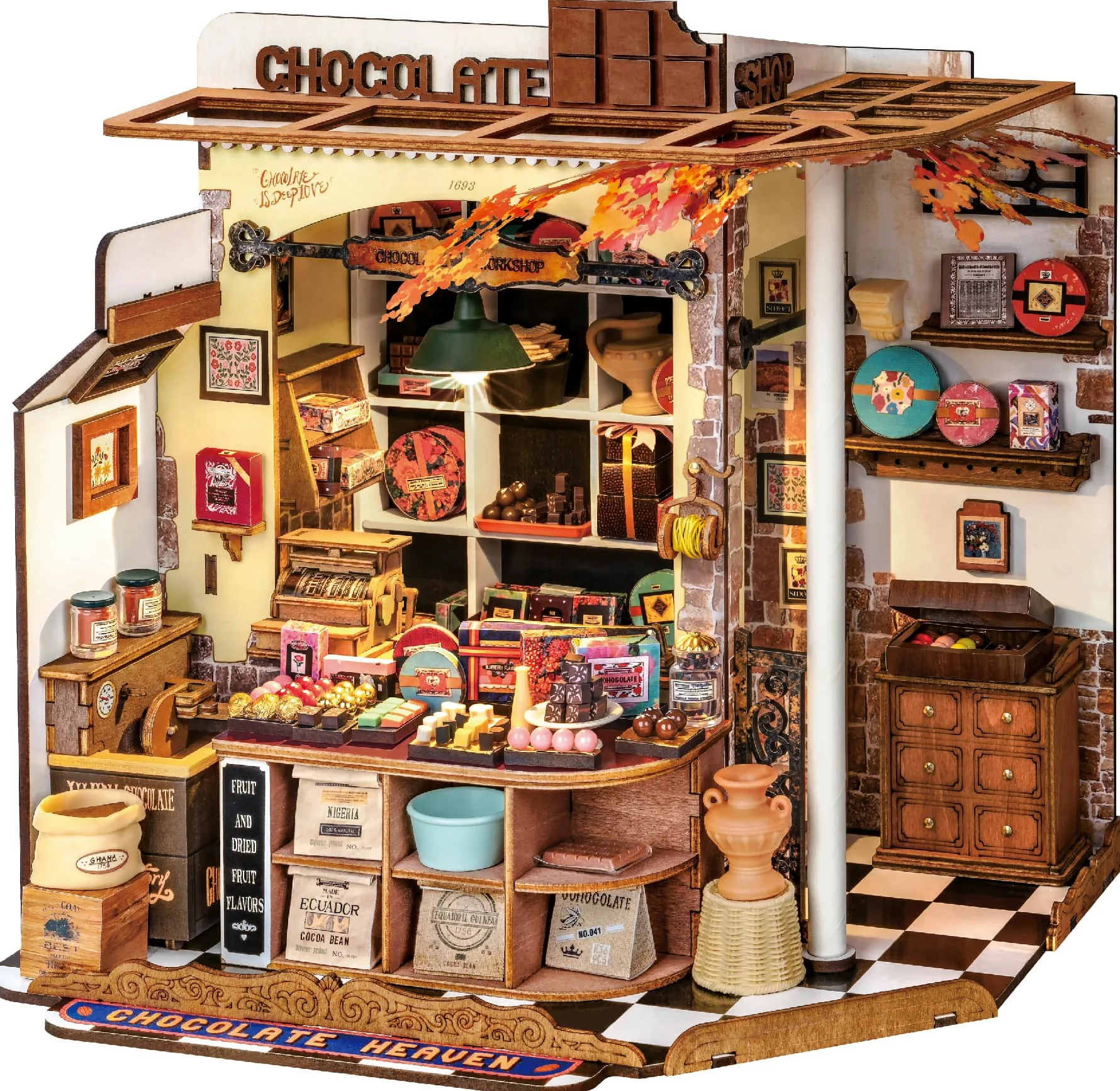 ROBOTIME Kit Casa delle Bambole in Miniatura Henry’s Chocolate, Fai-da-te in Legno con LED, Modellismo da Costruire Adulti, Regalo Creativo per Adulti e Adolescenti