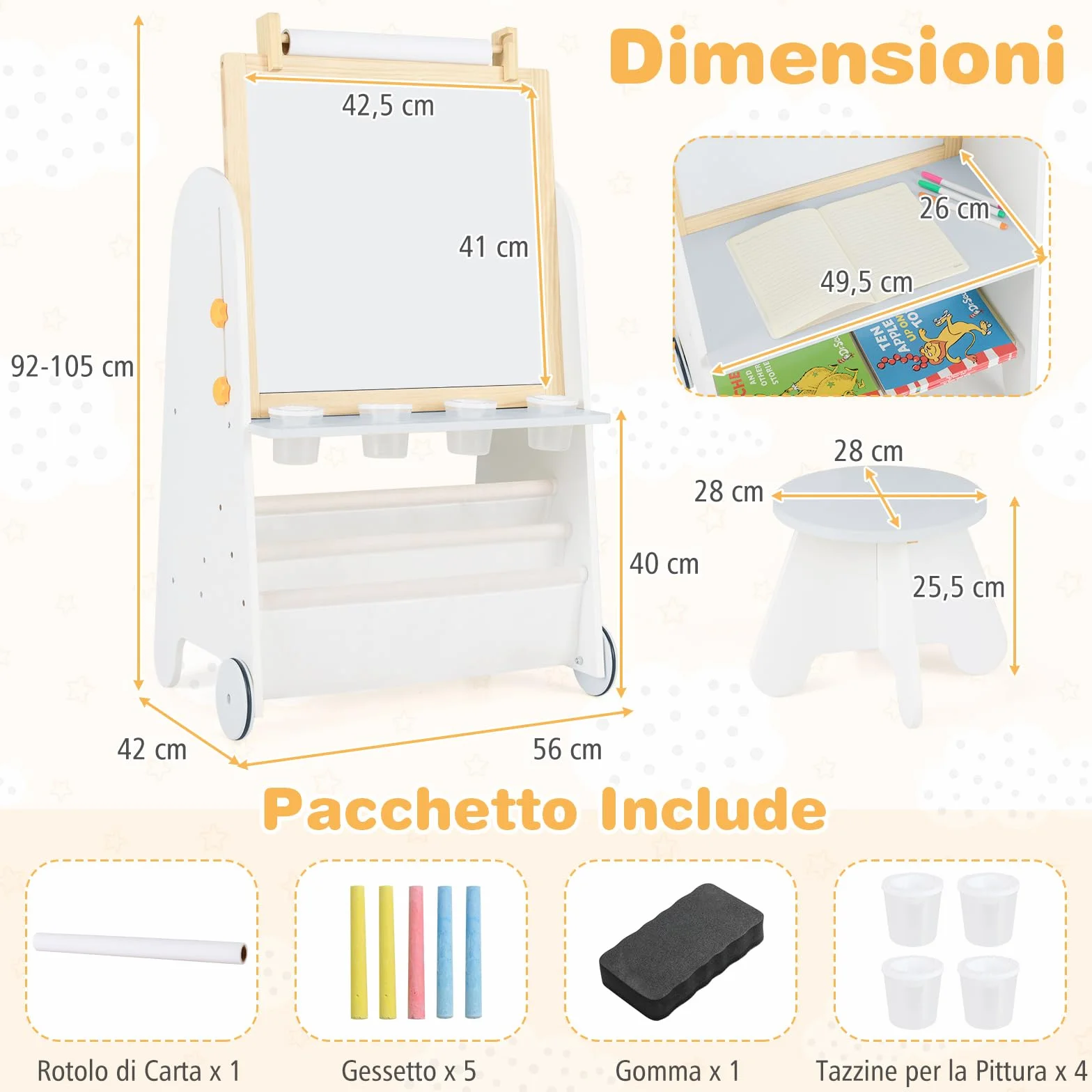 COSTWAY Cavalletto Lavagna per Bambini con Sgabello e Tavolo 4 in 1, Lavagna Magnetica Regolabile in Altezza con Rotolo di Carta e 4 Tazze di Vernice, Cavalletto a Ruote con Gessi e Cancellino