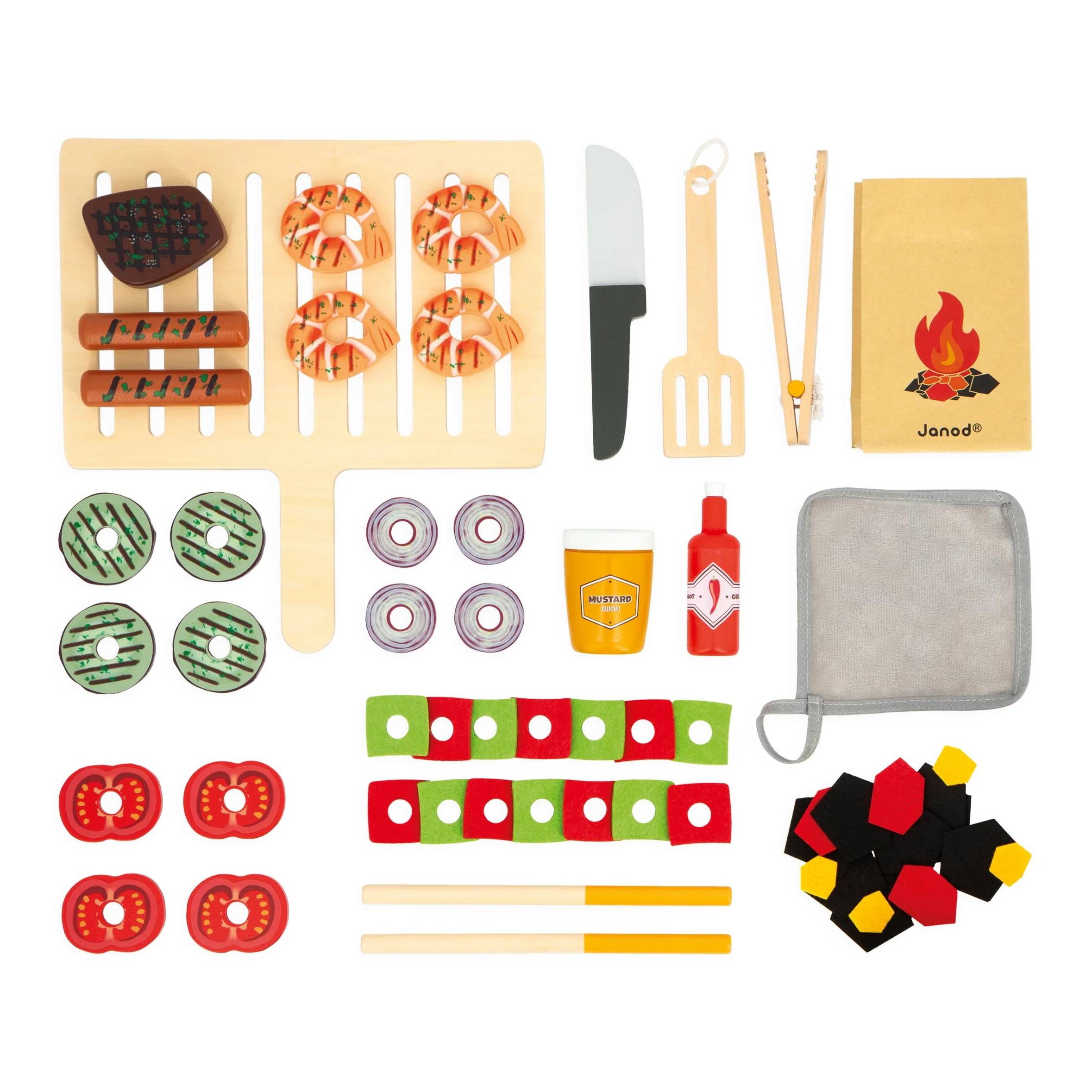 Janod - Barbecue in Legno - Giocattolo di Imitazione Cucina e Servizio da Tavola per Bambini - 57 Accessori Inclusi - 2 Ruote Silenziose - Dai 3 Anni, J06619