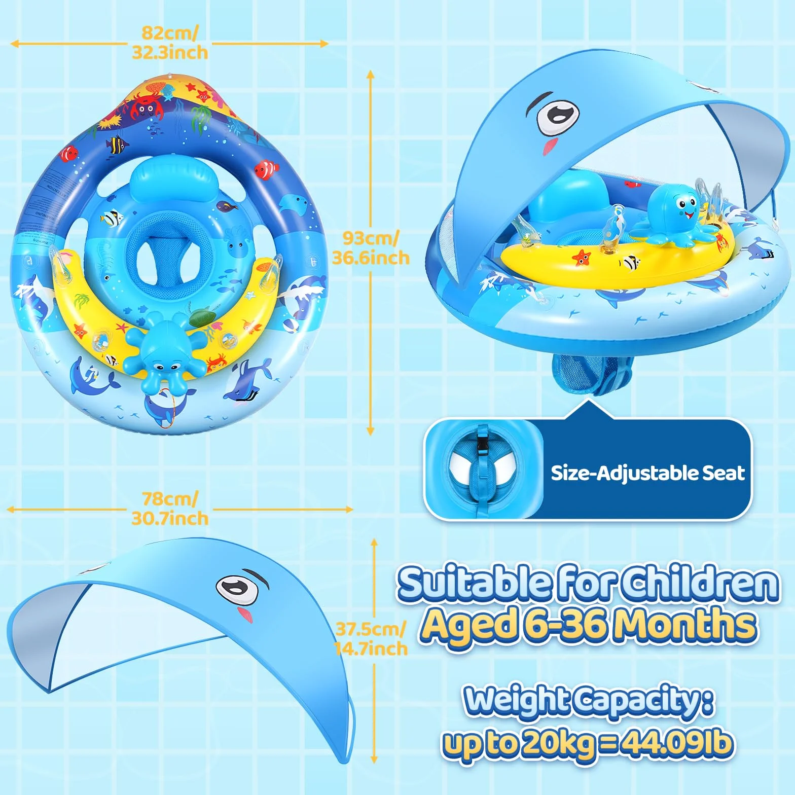 Salvagente per Bambini, Salvagente per Bambini dai 6-36 Mesi con Tettoia Solare, Galleggiante per Bambini Regolabile con Sicurezza, Salvagente per Bambini UPF50+ con Tettoia Solare, Aiuto per il Nuoto