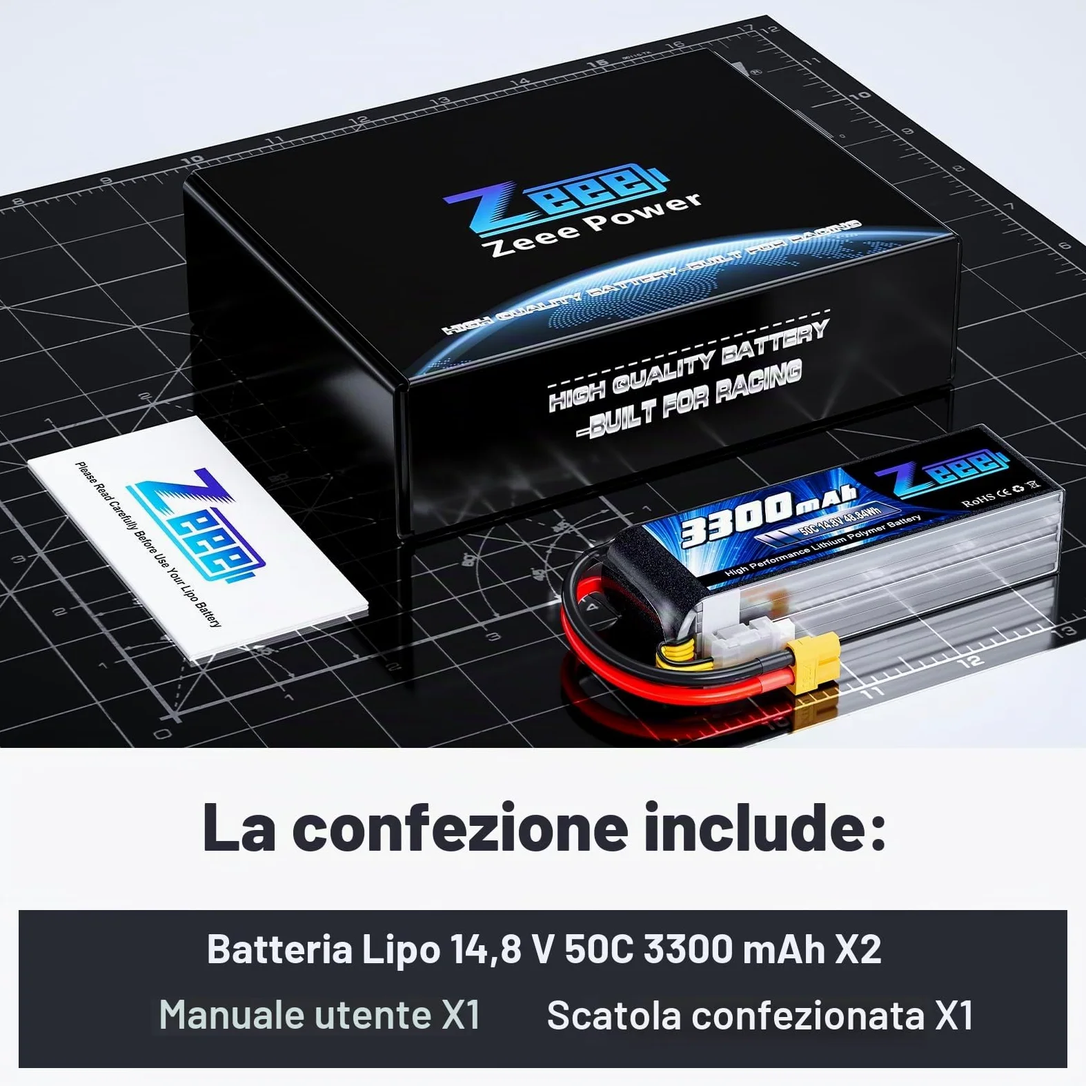Zeee 4S Lipo 14,8V 50C 3300mAh RC Batteria con Connettore XT60 (2 pezzi) | Batteria RC per FPV Racing UAV Drone Veicolo a quattro assi elicottero RC Nave RC Veicolo RC Modells