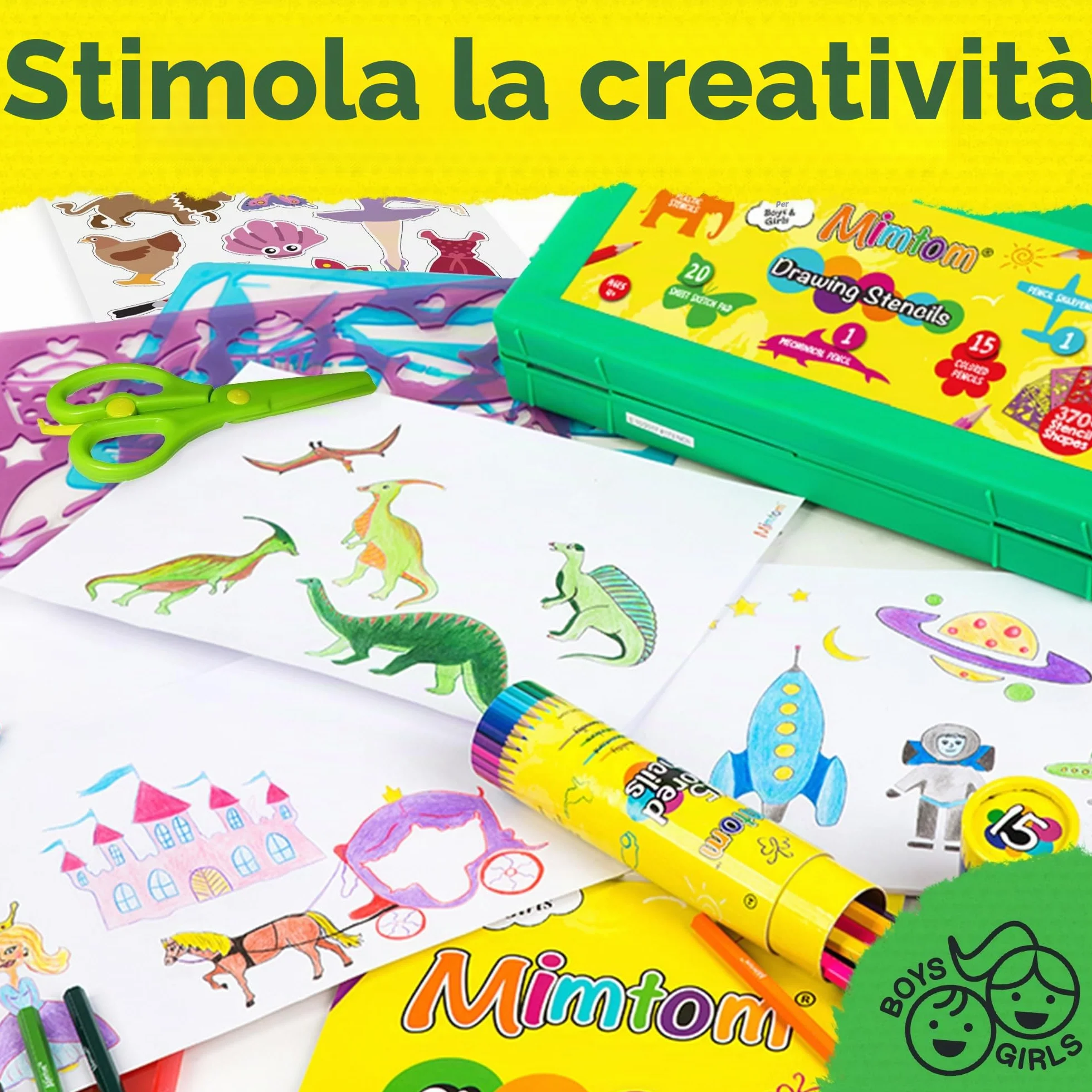 Stencil per Bambini | Set da Disegno con Stencil 58 PZ con più di 370 Forme per Sviluppo creatività | Giocattolo educativo Sicuro per Bimbi e Bimbe +3 Anni – Ottima Idea Regalo