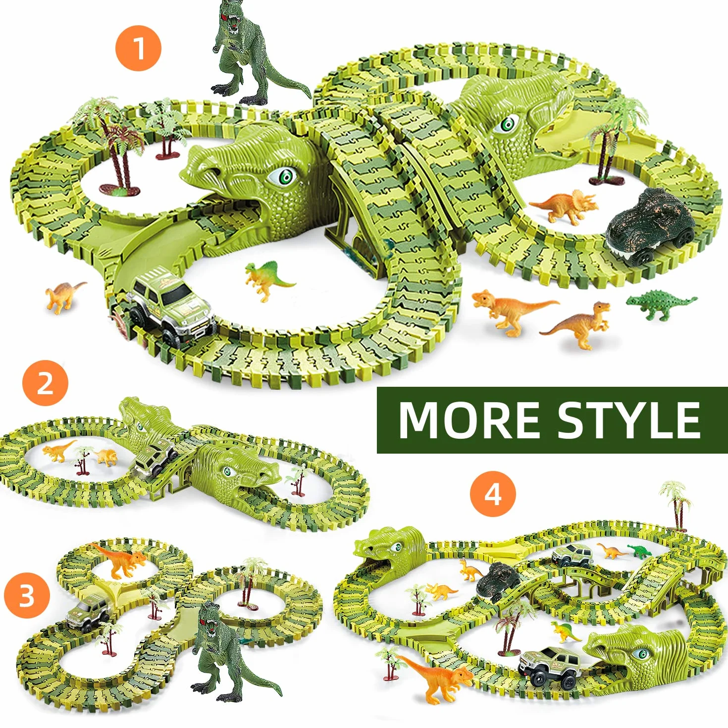 burgkidz Giochi di Dinosauri Pista da Corsa, 260 Pezzi Tracce Playset con 3 Auto e 7 Giocattoli, Regalo Educativo per Bambini
