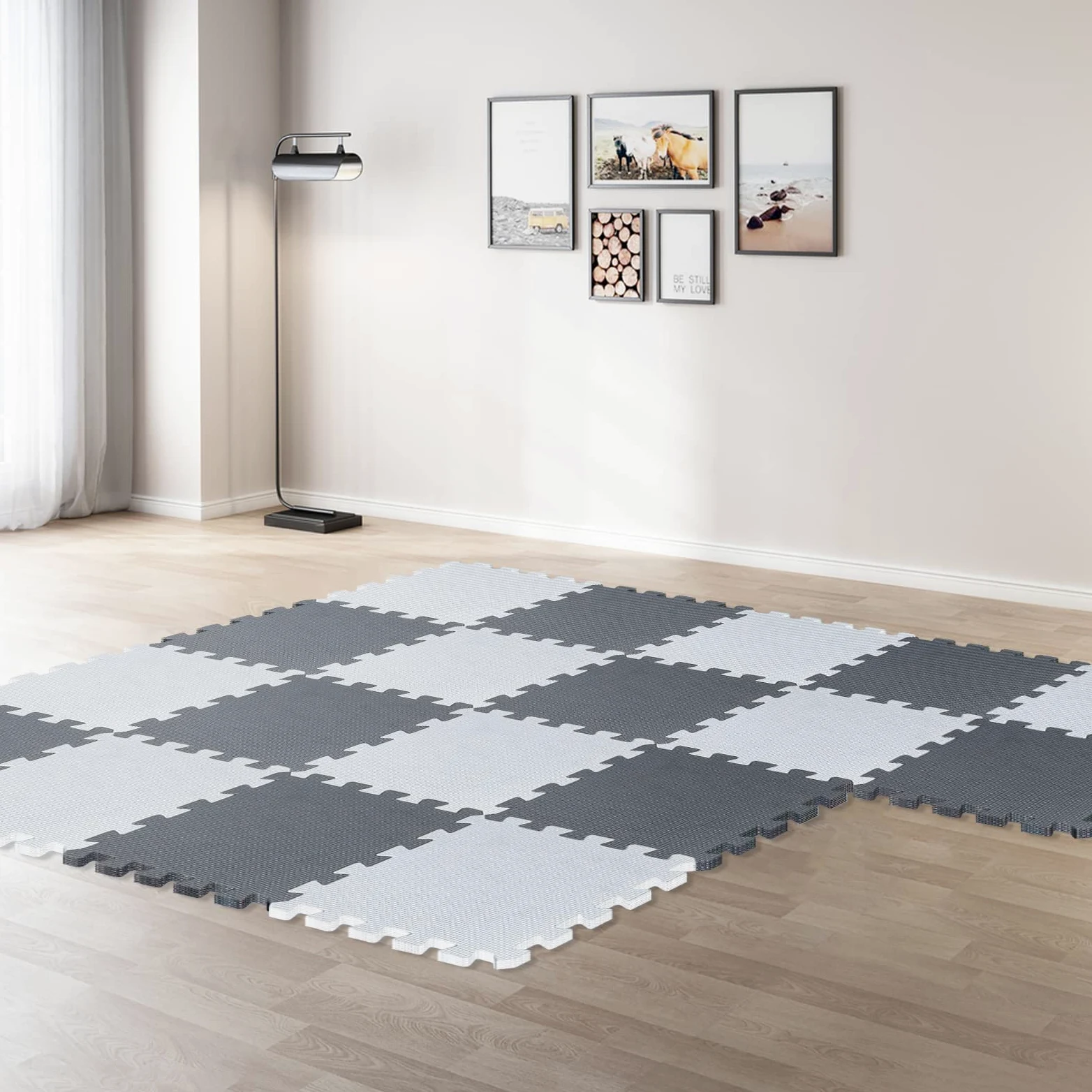 Tappeto in schiuma per puzzle, tappeto da pavimento, puzzle, tappeto in schiuma per bambini, multicolore per bambini, tappetino da strisciare, attivite, 30 x 30 x 1 cm (36 lastre, bianco + grigio