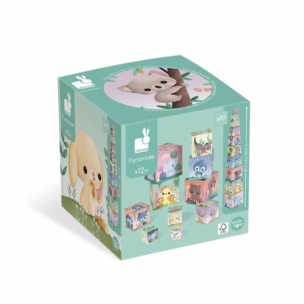 Janod - Animali Quadrati Piramidali - Gioco per L’Apprendimento e Prima Infanzia - Giocattolo di Impilamento e Incastro - Apprendimento di Numeri e Dimensioni - A Partire da 1 Anno, J02652