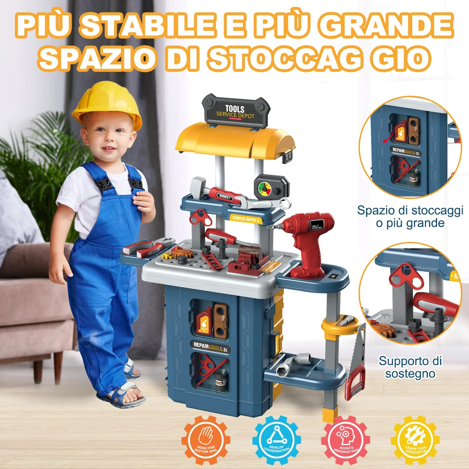 JONRRYIN Banco da Lavoro per Bambini, Cassetta Attrezzi Bambini, 46 Pezzi | Banco Attrezzi Bambini con Trapano Luci e Suoni, Attrezzi da Lavoro, Gioco Educativo e di Imitazione, Regalo da 3 Anni