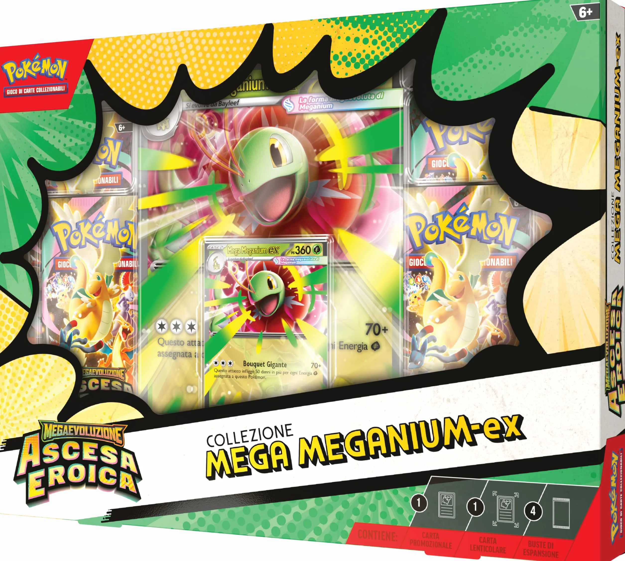 Pokémon: collezione Mega Meganium-ex dell’espansione Megaevoluzione - Ascesa Eroica del GCC Pokémon (una carta promozionale olografica, una carta lenticolare gigante e quattro buste di espansione)