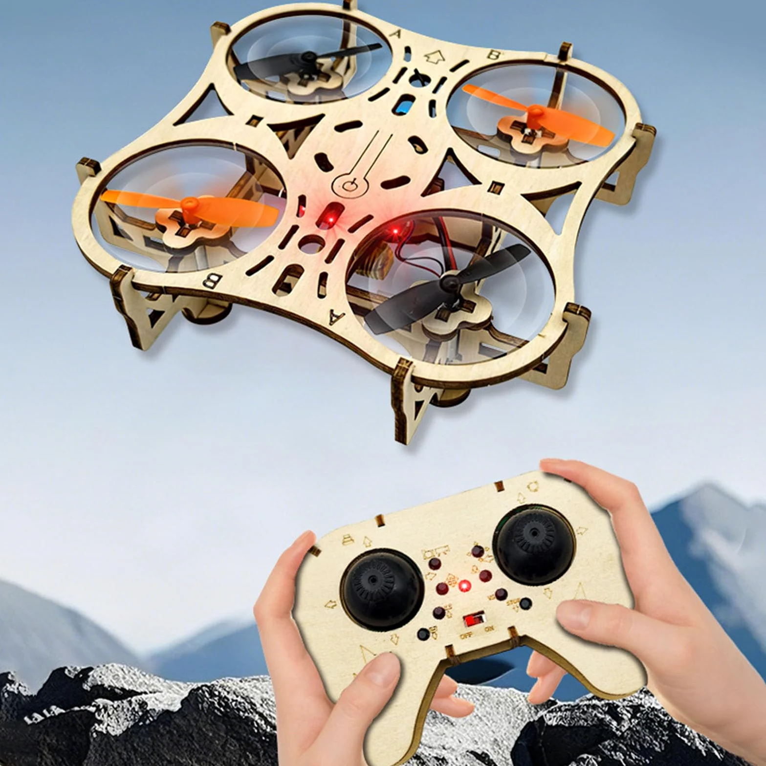 Goshyda Kit Modello Drone in Legno Fai-da-Te STEM 3D Building Blocks Quadcopter con Una Chiave di Decollo Arresto di Emergenza 3 Impostazioni di velocità Giocattolo Volante RC Educativo